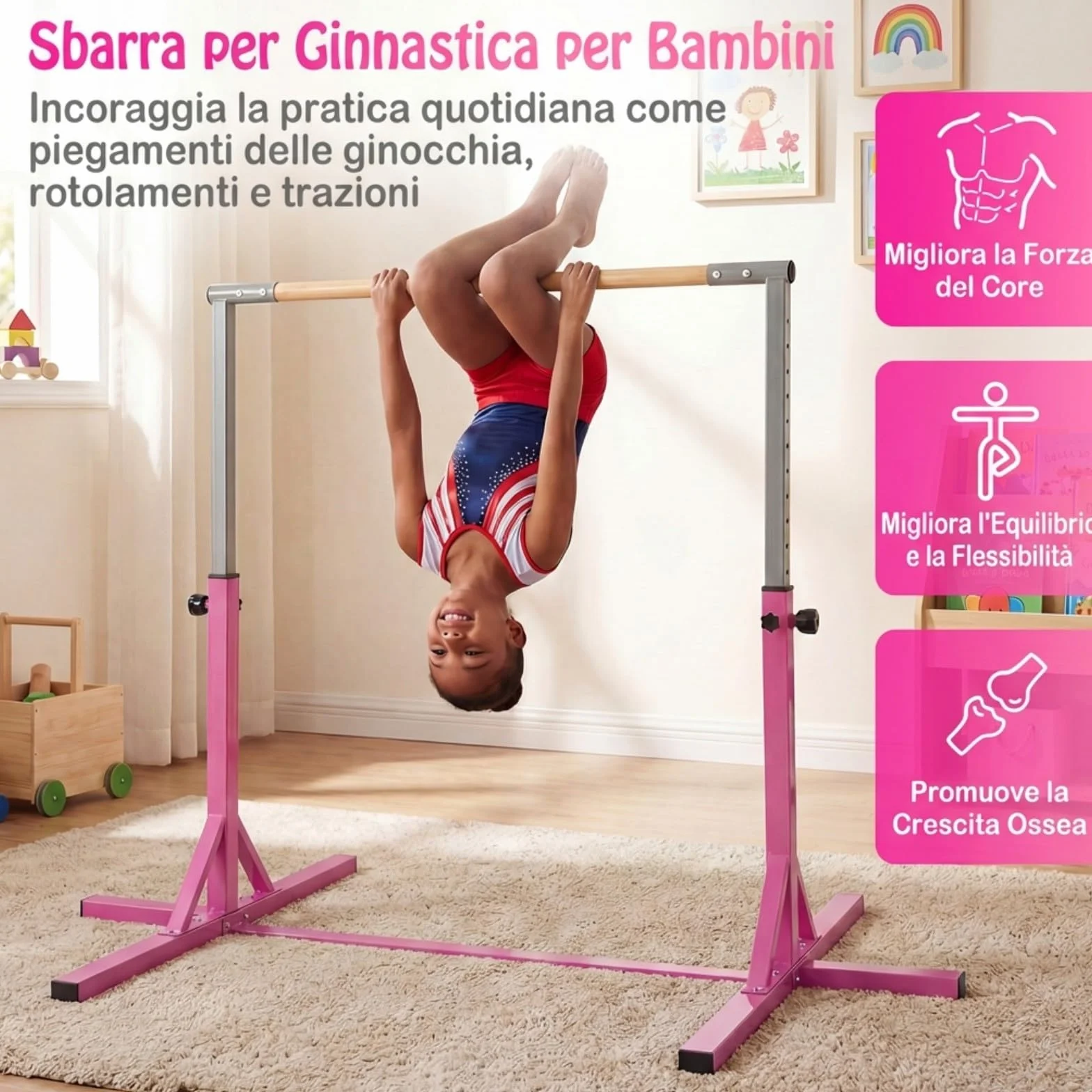 COSTWAY Sbarra per Ginnastica e Danza per Bambini, Barra in Metallo e Bambù Regolabile in Altezza 85-145 cm, Portatile con Cuscinetti Antiscivolo