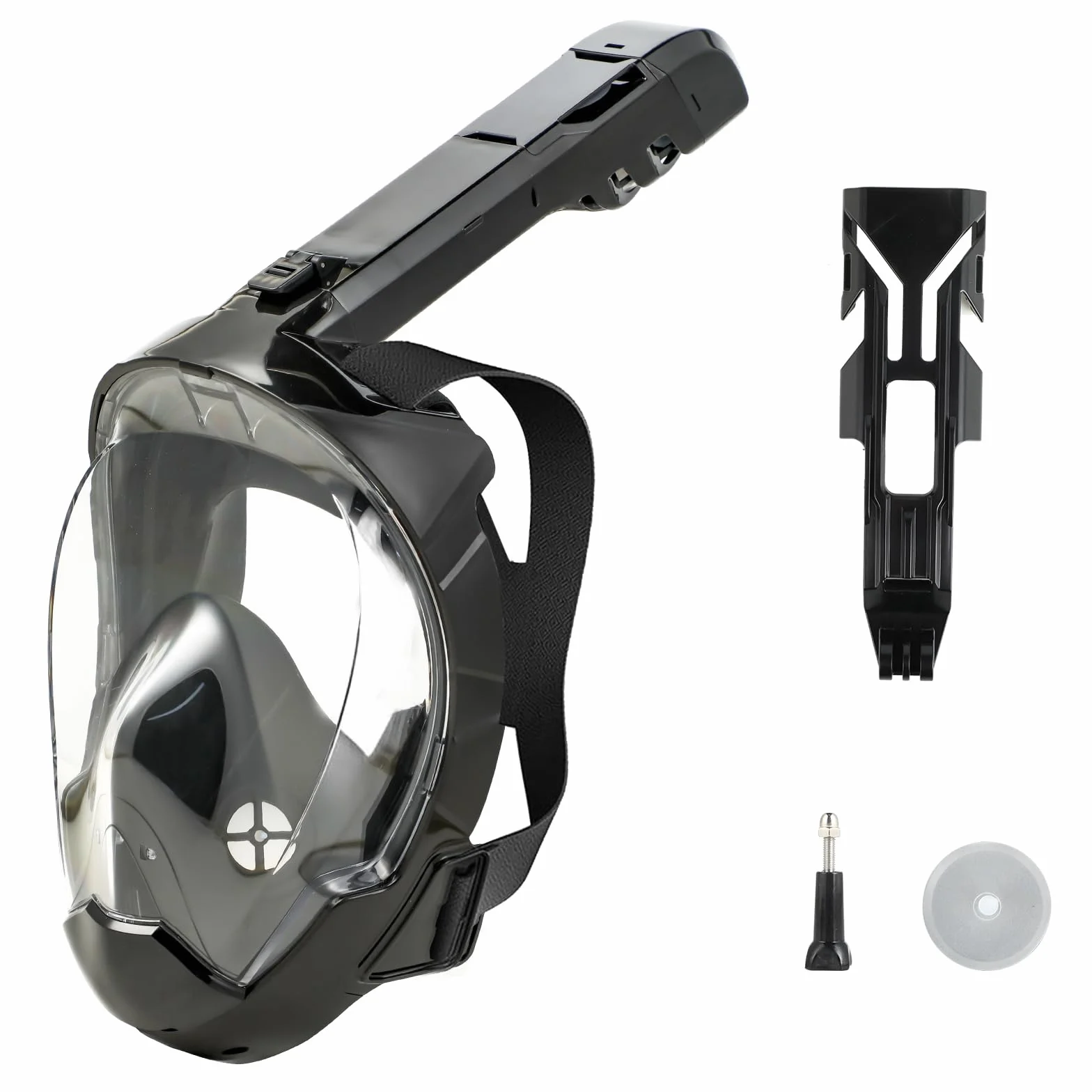 Maschera snorkeling adulto 180° antiappannamento doppio flusso d'aria supporto fotocamera subacquea