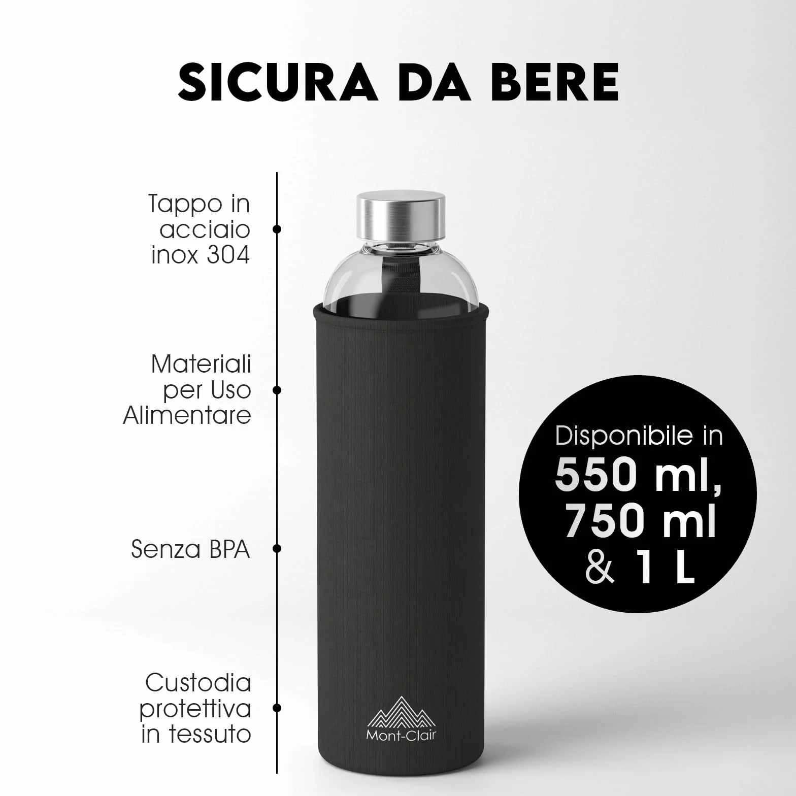 Mont-Clair Kristal Bottiglia Vetro 550ml Borosilicato con fodera in neoprene Anti-perdita senza BPA Bevande calde e fredde Blu