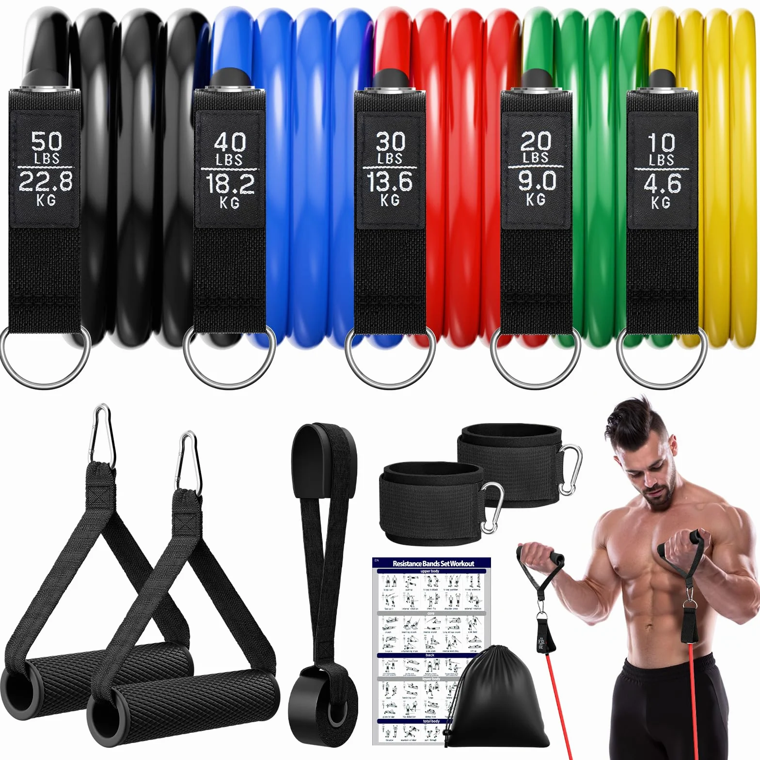 Fokky Elastici Fitness 5 Livelli Bande Elastiche con Maniglie Cinturino Caviglia Set Palestra Yoga Pilates