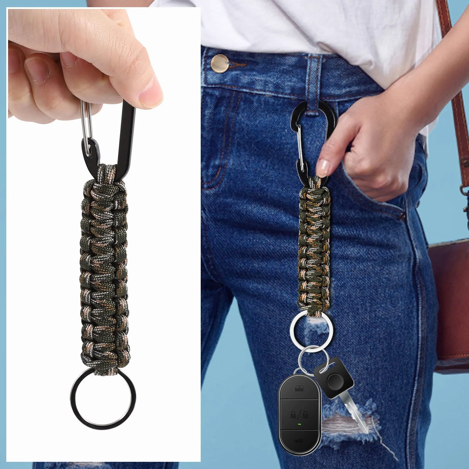 XREE 3 Pezzi Portachiavi Paracord, Cintura Portachiavi Gancio Portachiavi con Corda con Moschettone per Sopravvivenza Campeggio Escursionismo (Nero&Arancione&Camouflage)