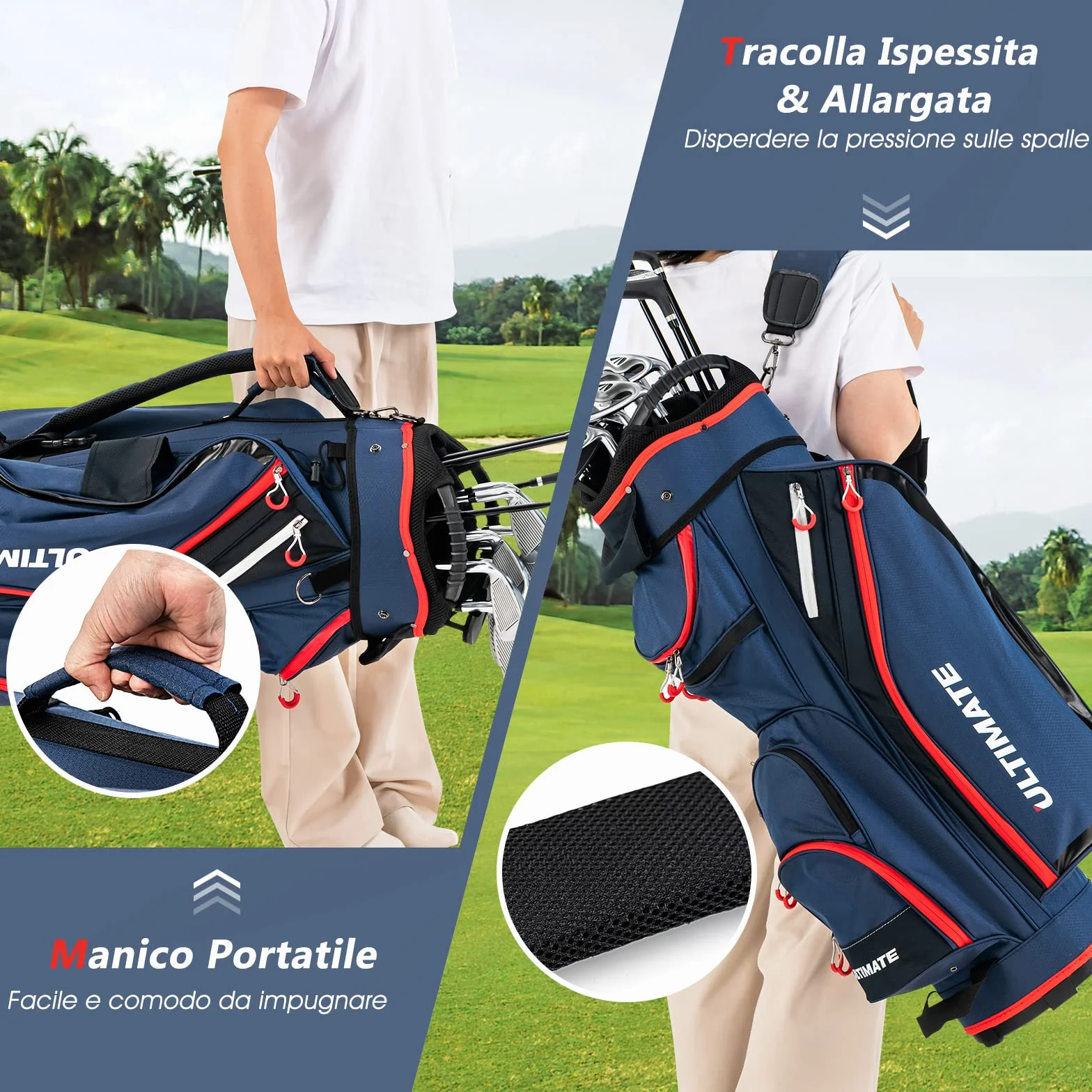 COSTWAY Borsa da Golf Leggera e di Grande Capacità, Sacca da Golf con 14 Divisori, 8 Tasche, Cappuccio Antipioggia, Tracolla, Borsa Termica per Bevande, Ideale per Uomini e Donne (Blu)