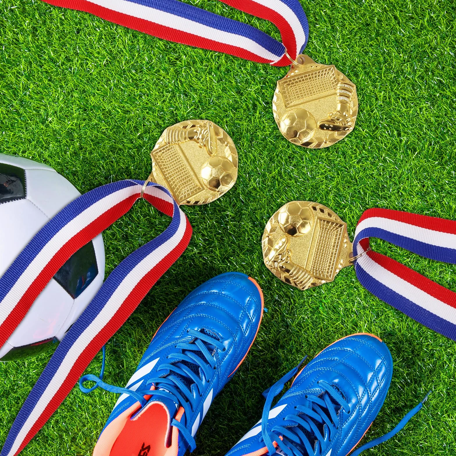 Medaglie da calcio in metallo dorato con nastro per il collo, confezione da 12 per primo posto e partecipazione
