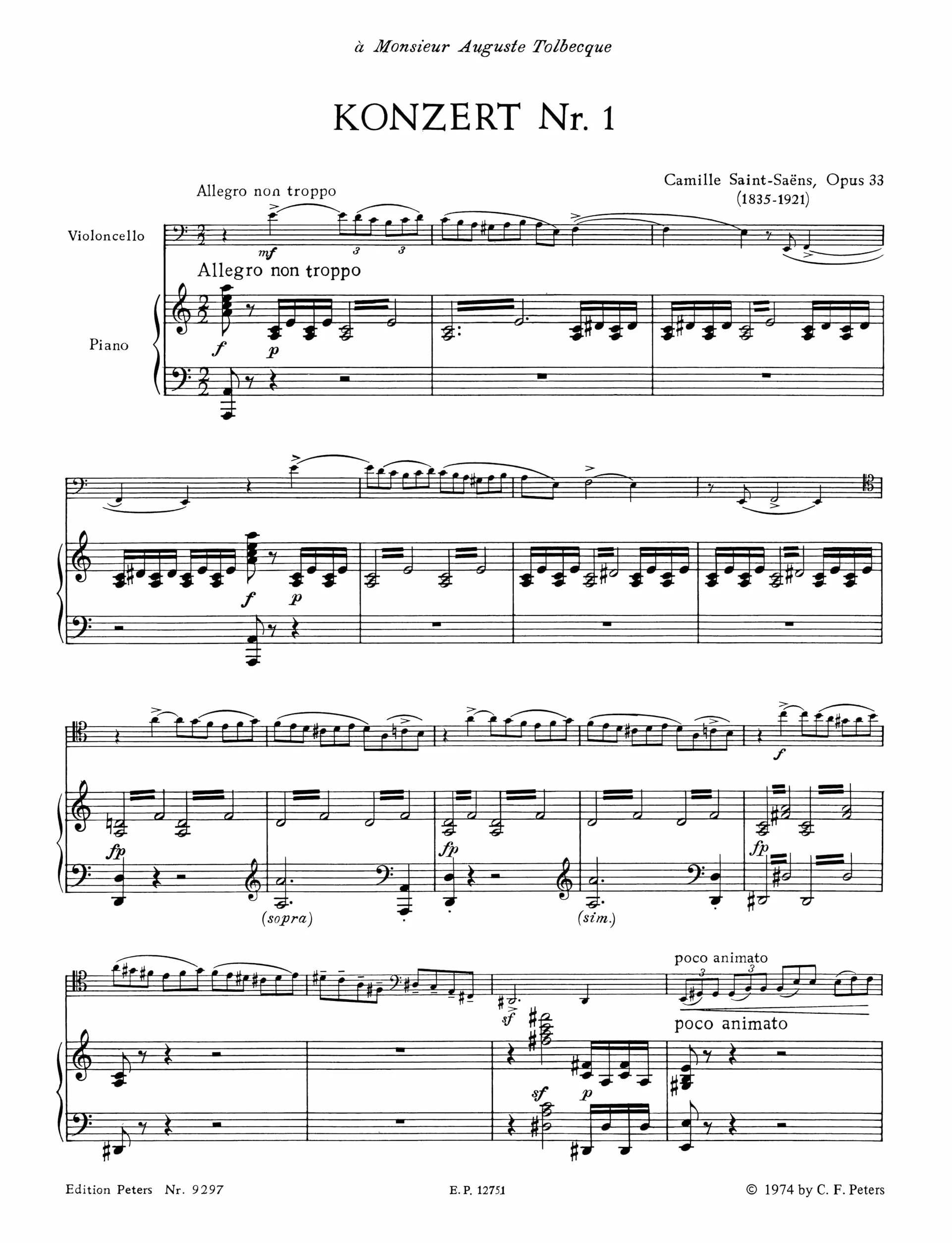 Cello Concerto No. 1 in a Minor Op. 33 Edition for Cello and Piano by the Composer: Edition for Cello and Piano by the Composer