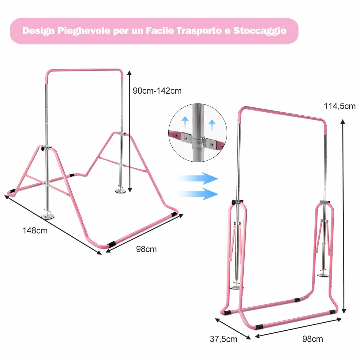 COSTWAY Sbarra Ginnastica Artistica Pieghevole, Altezza Regolabile 90-142 cm, Barra per Ginnastica per Bambini
