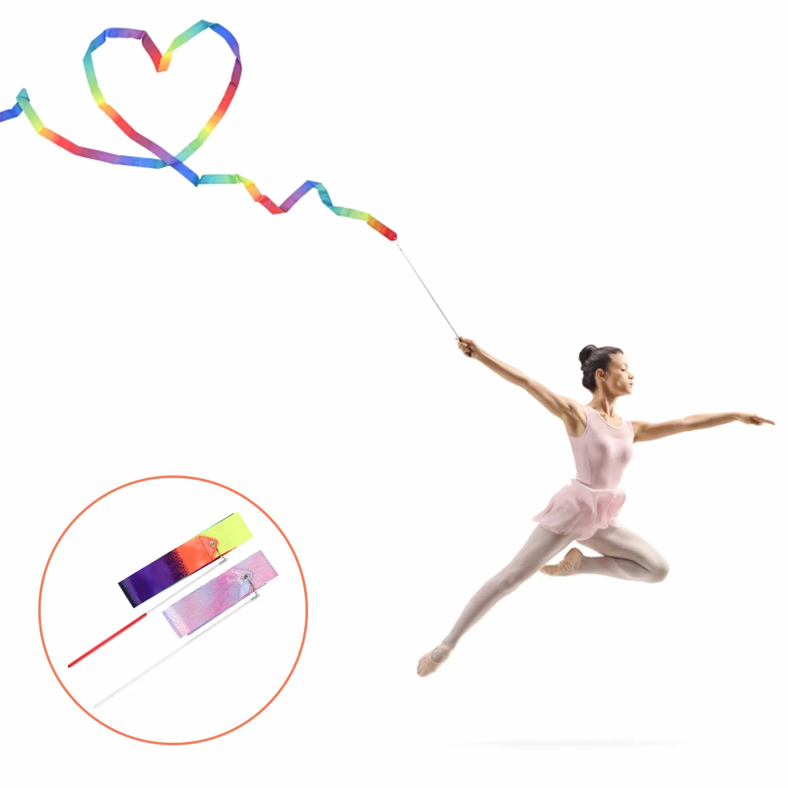 KINBOM 2 pezzi Nastro da Ballo, Dance Ribbons 2 m per Bambini Ginnastica Danza Artistica con Bacchetta