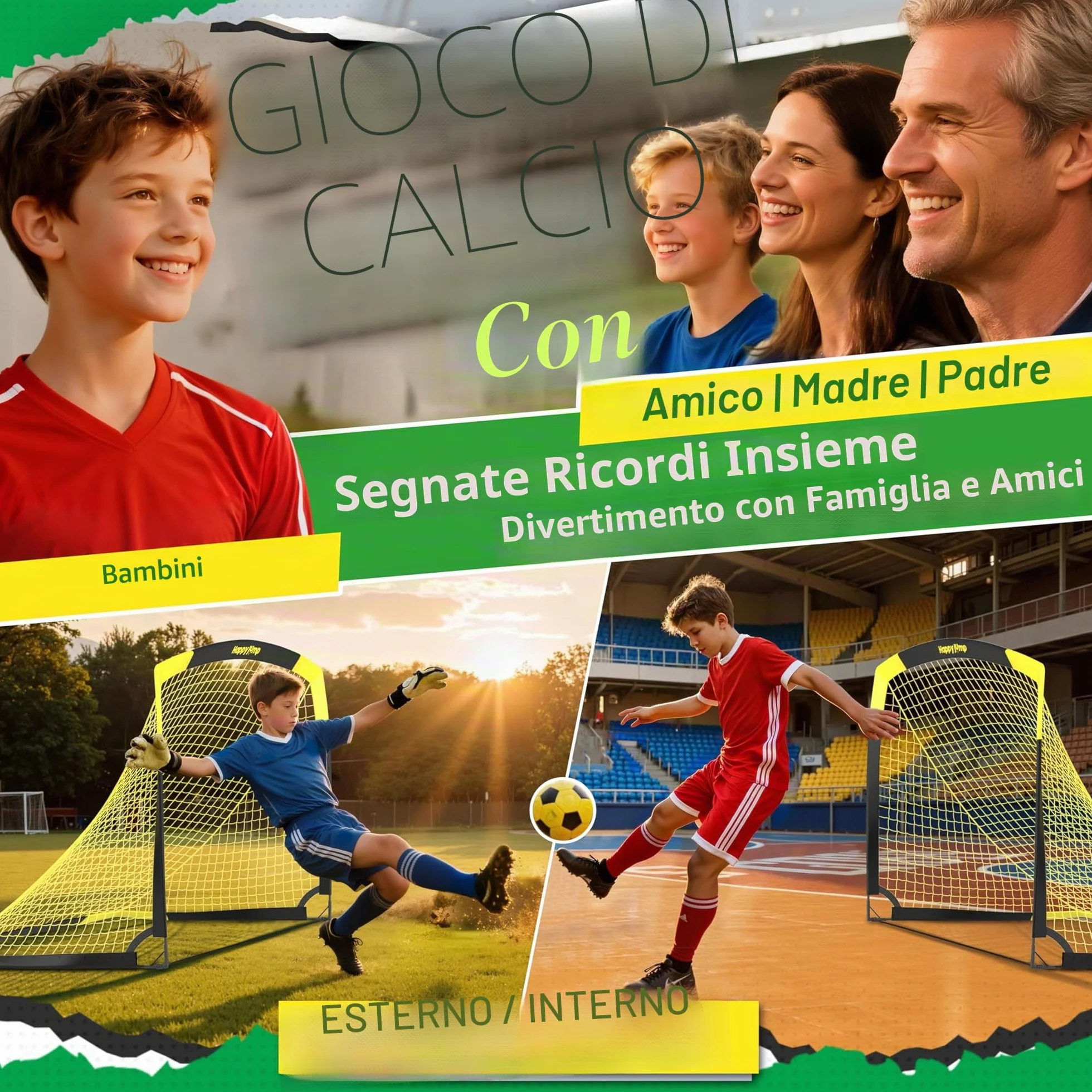 Happy Jump Porta da Calcio Pieghevole – Rete da Giardino 90x67, 120x90, 152x110, 213x152 CM | Opzioni con Pallone, Bersaglio, Pompa e Coni | Perfetta per Allenamento Outdoor e Regalo