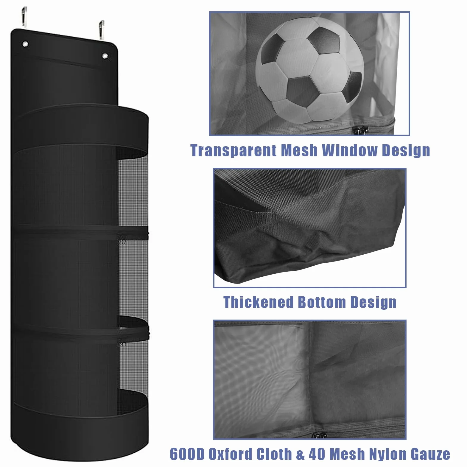 Organizer da appendere sopra la porta, borsa sportiva sospesa con ganci in metallo, supporto per palla, riporre pallacanestro, calcio, pallavolo, tennis, nero