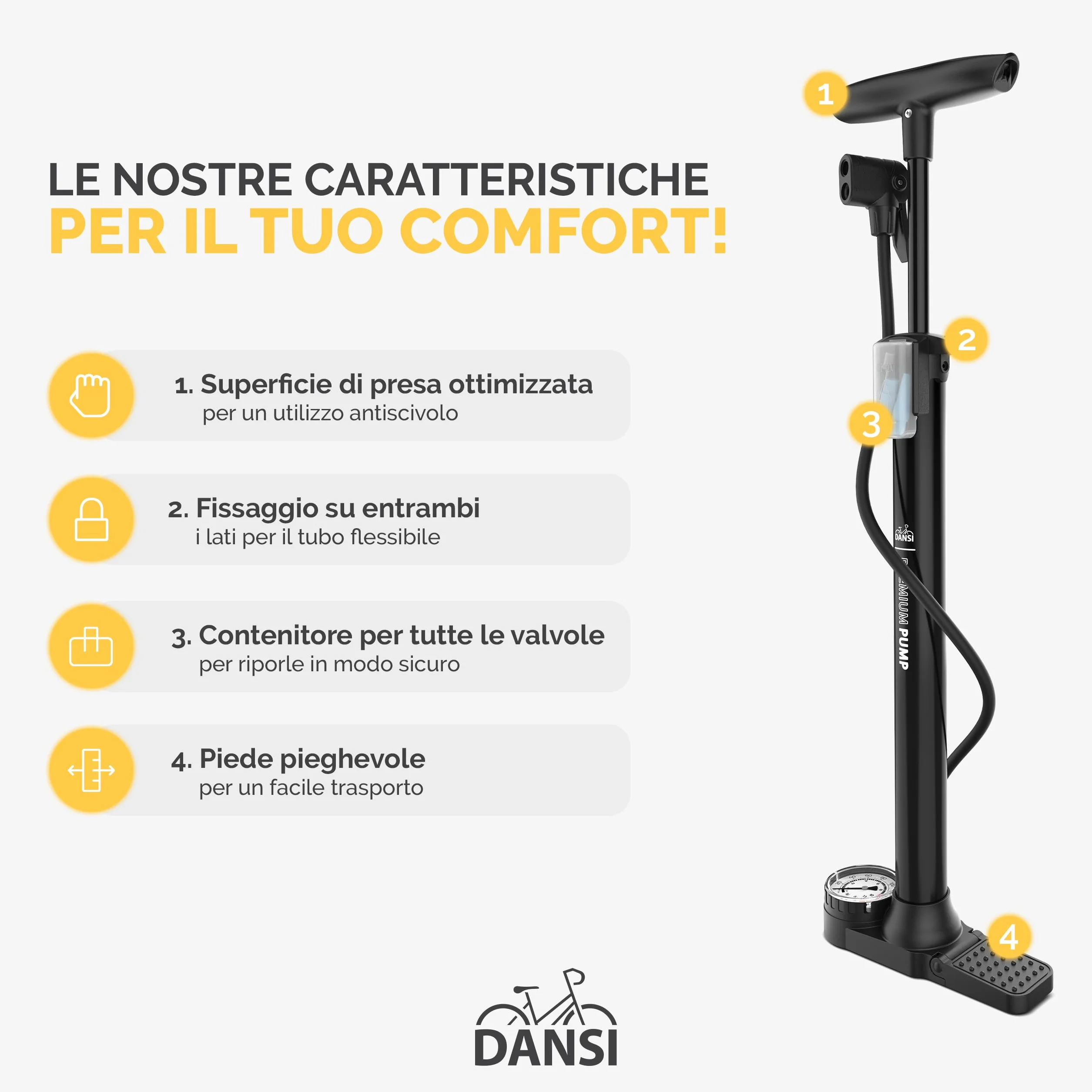 DANSI Pompa per bicicletta a pedale con manometro grande, adattatori e serbatoio AV/SV/DV per bici, moto, auto