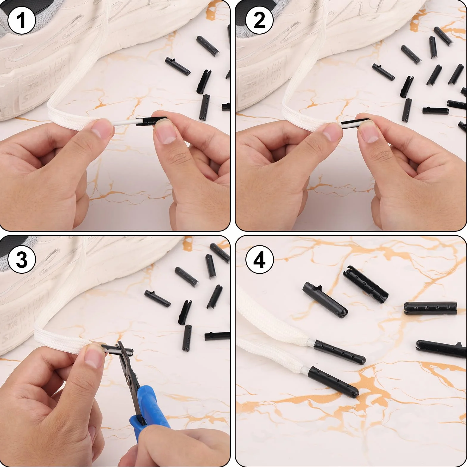 Gosknor 30pz Terminali Lacci, Punta dei Lacci in Rame Nero con Guaina Termorestringente Accorciare Riparare Accessori Ideali per Sneakers