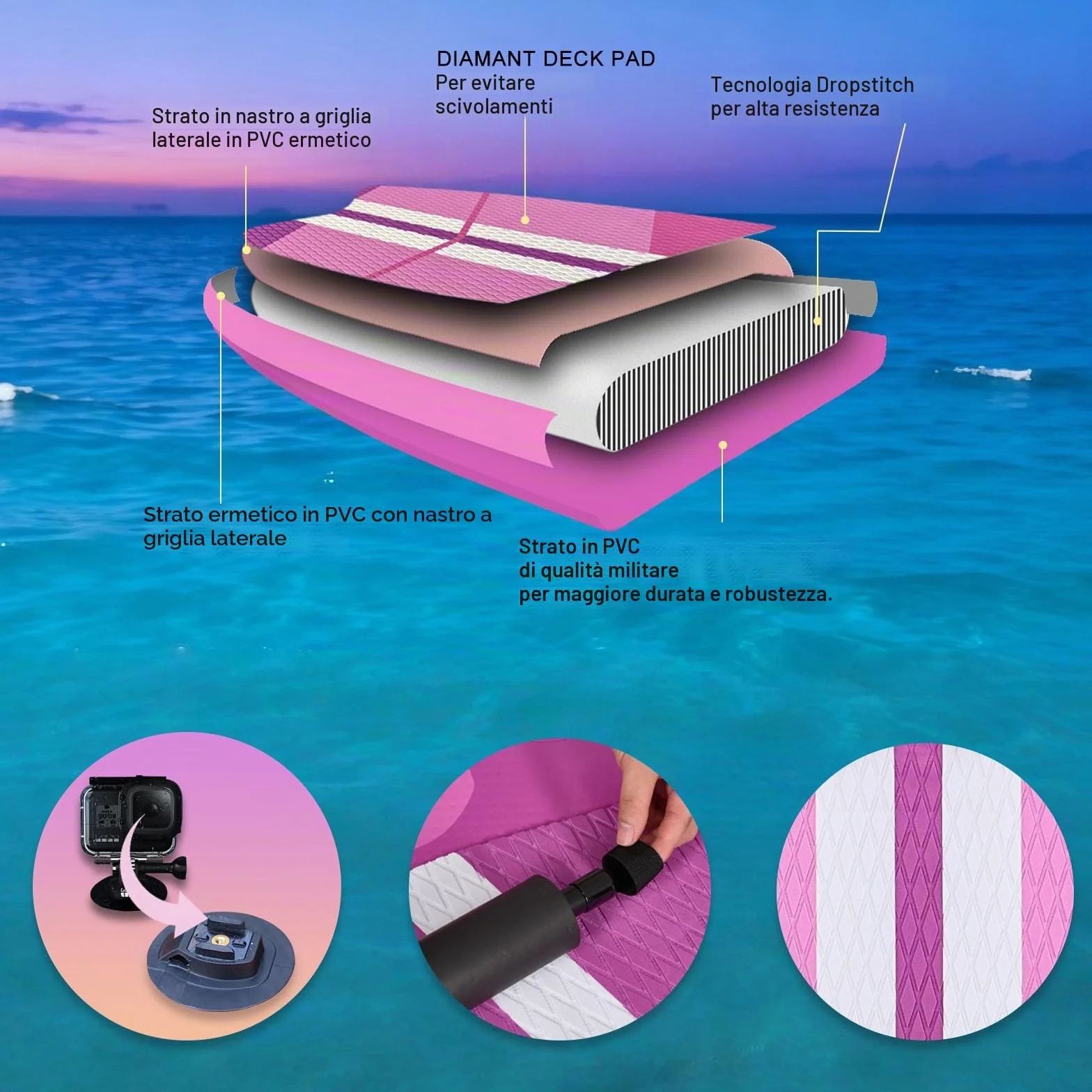 Tavola SUP gonfiabile 330x76x15 cm 150 kg supporto cam pad 3 pinze doppia pagaia regolabile Pink