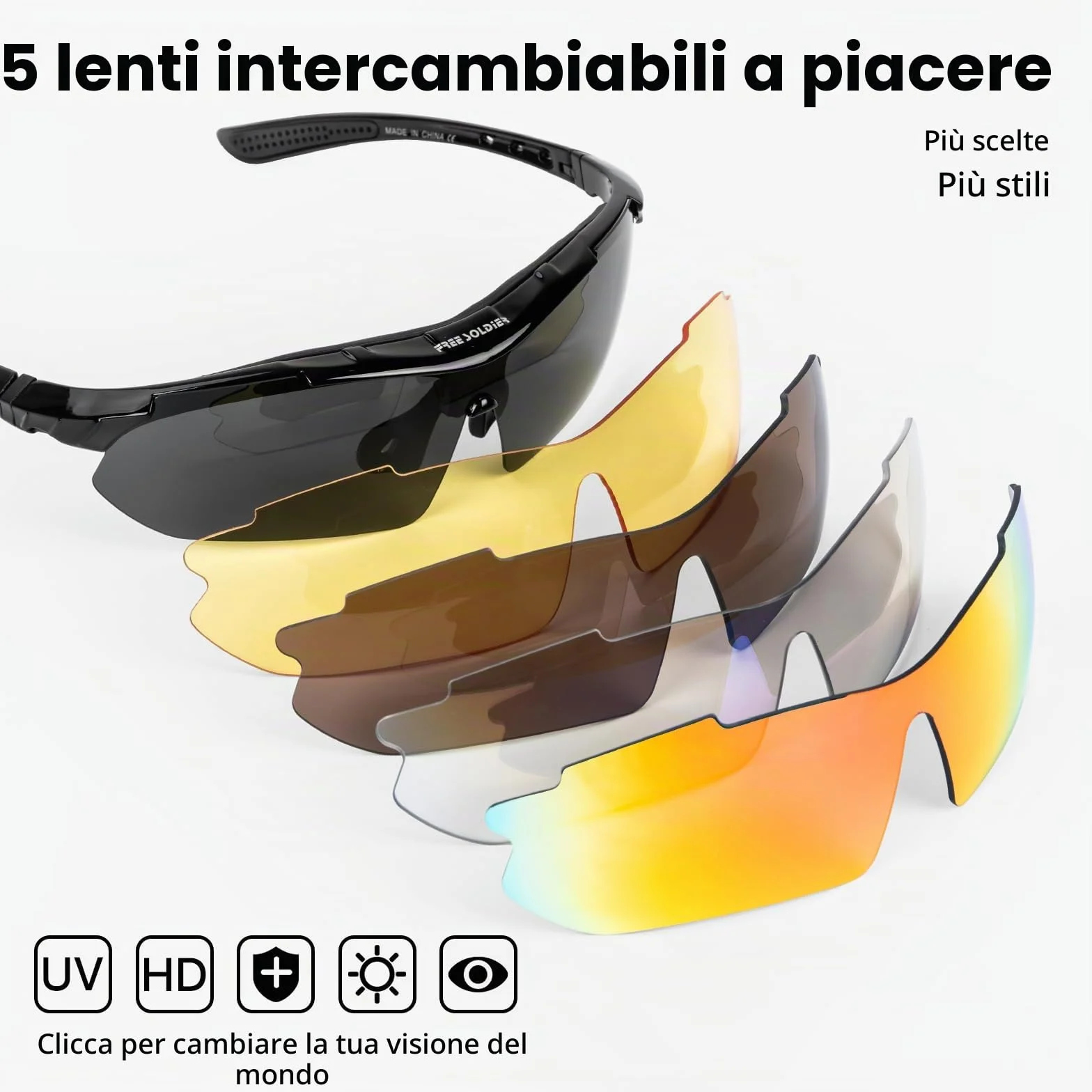 FREE SOLDIER Occhiali da Sole Polarizzati Uomo 5 in 1 Ciclismo MTB Tattici Militari Anti-UV400 Protezione Sport All'aperto