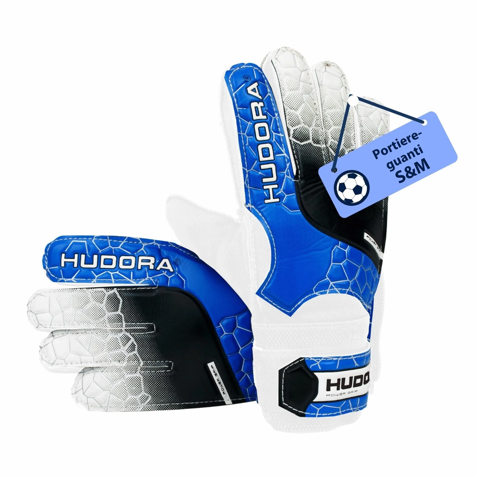 Hudora Guanti da Portiere Imbottiti per Bambini e Adulti, Misura S/M, Dorso in Gommapiuma, Chiusura con Velcro - Calcio, Blu