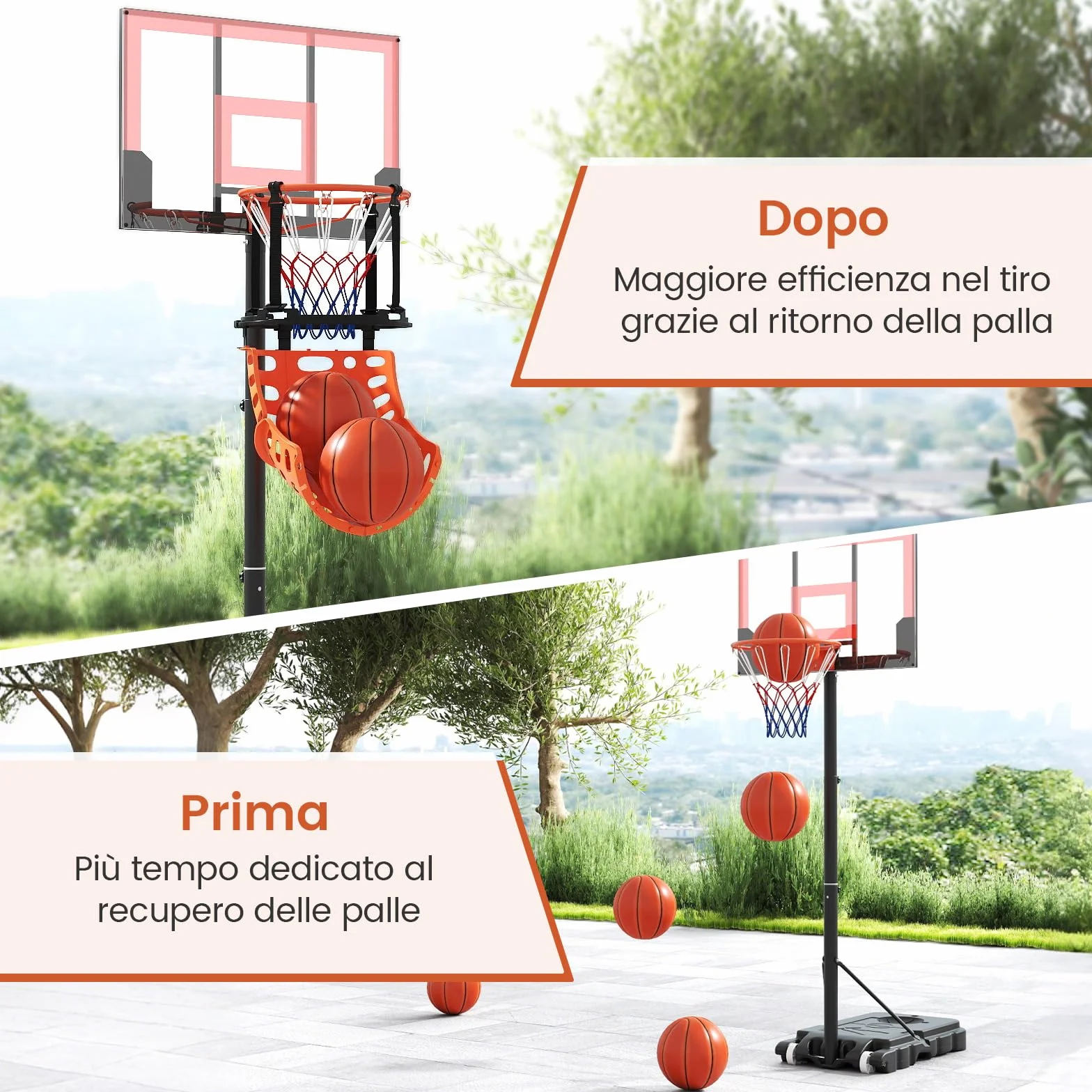 COSTWAY Sistema di Ritorno Palla Basket Rotante a 360° con 4 Ganci Smontabili, Sistema di Ritorno Pallacanestro con Struttura Robusta, Allenamento Tiro Basket per Adulti, Giovani e Bambini