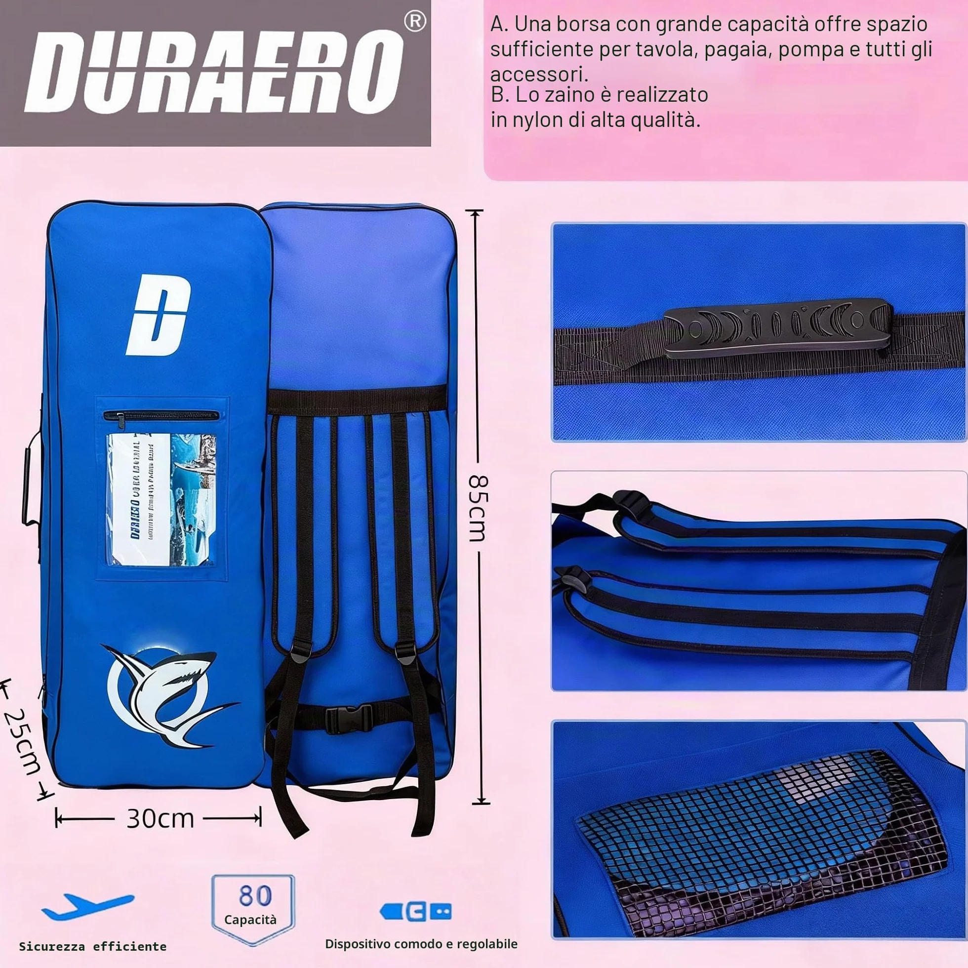 Tavola SUP gonfiabile 330x76x15 cm 150 kg supporto cam pad 3 pinze doppia pagaia regolabile Pink