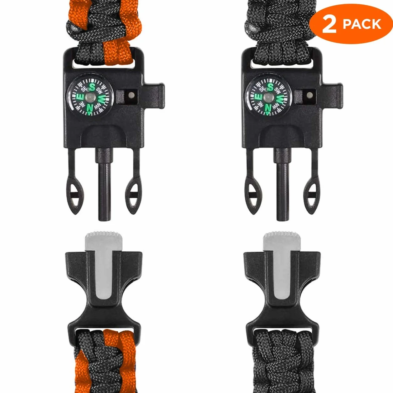 Paracord Survival Bracelet 2-Pack with Compass, Fire Starter, Whistle & Paracord Rope