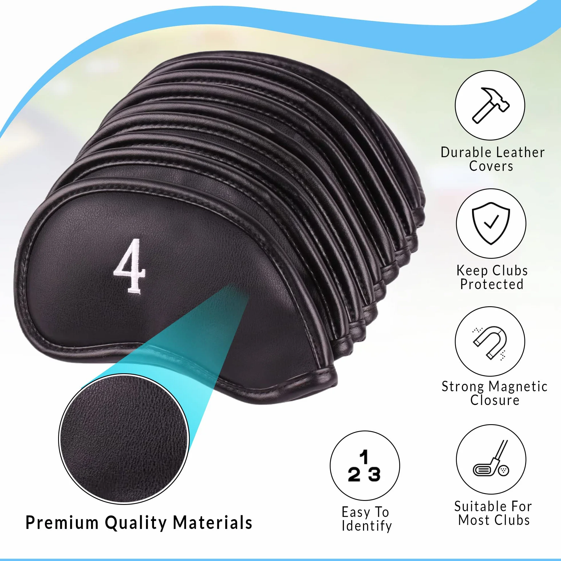 Set di 10 copritesta per mazze da golf in pelle magnetica con zeppa