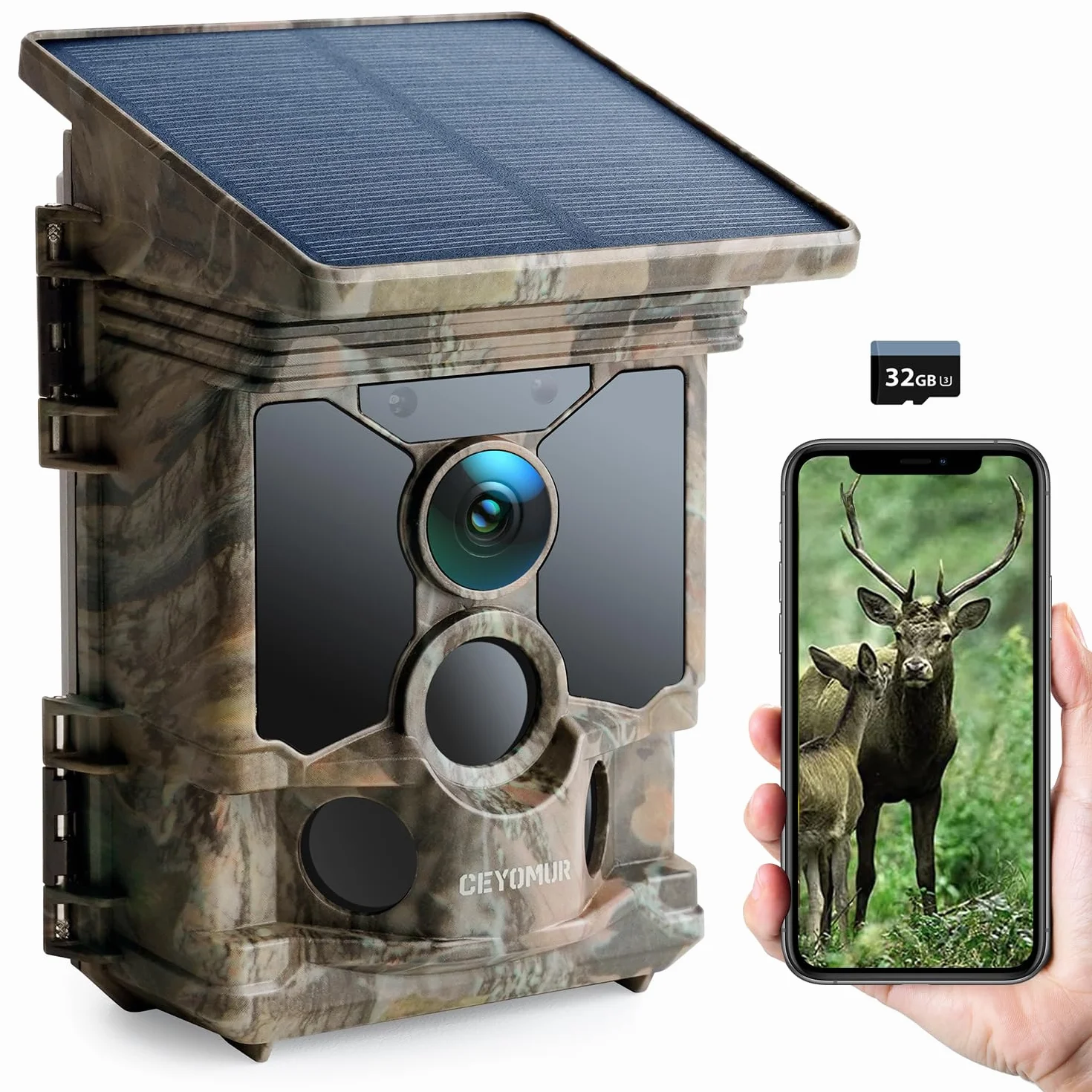 CEYOMUR Fototrappola Solare 68MP 4K 30fps WiFi Bluetooth 5200mAh 120° HD Visione Notturna IP66