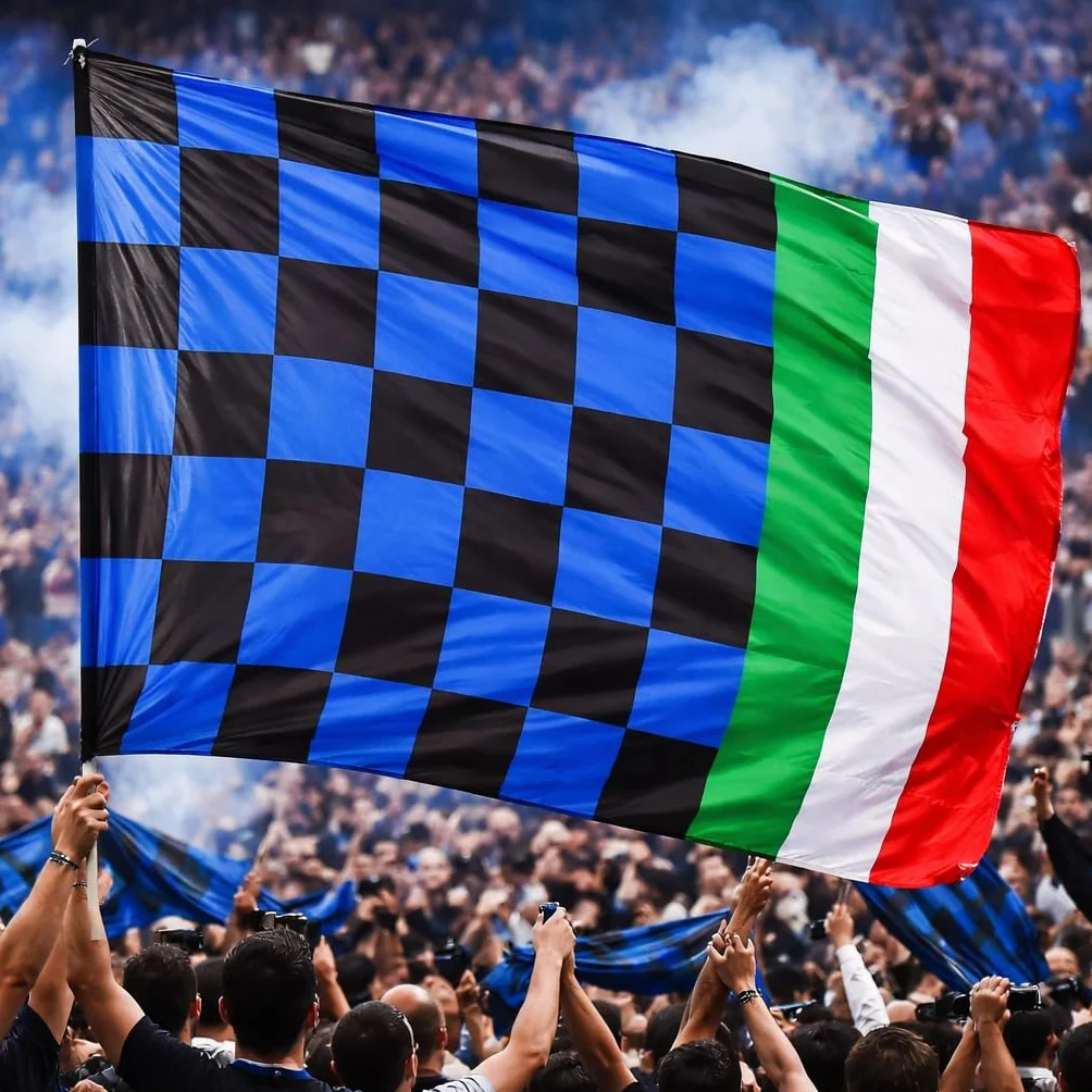 Bandiera Stadio Scacchi Nero Azzurri 100x150 cm Bandierone 140 x 200 cm Con Tricolore/Bandiere Nero azzurre Tifosi Neroazzurri Internazionale | Scudetto Calcio Tifosi Interisti PS 03652-01