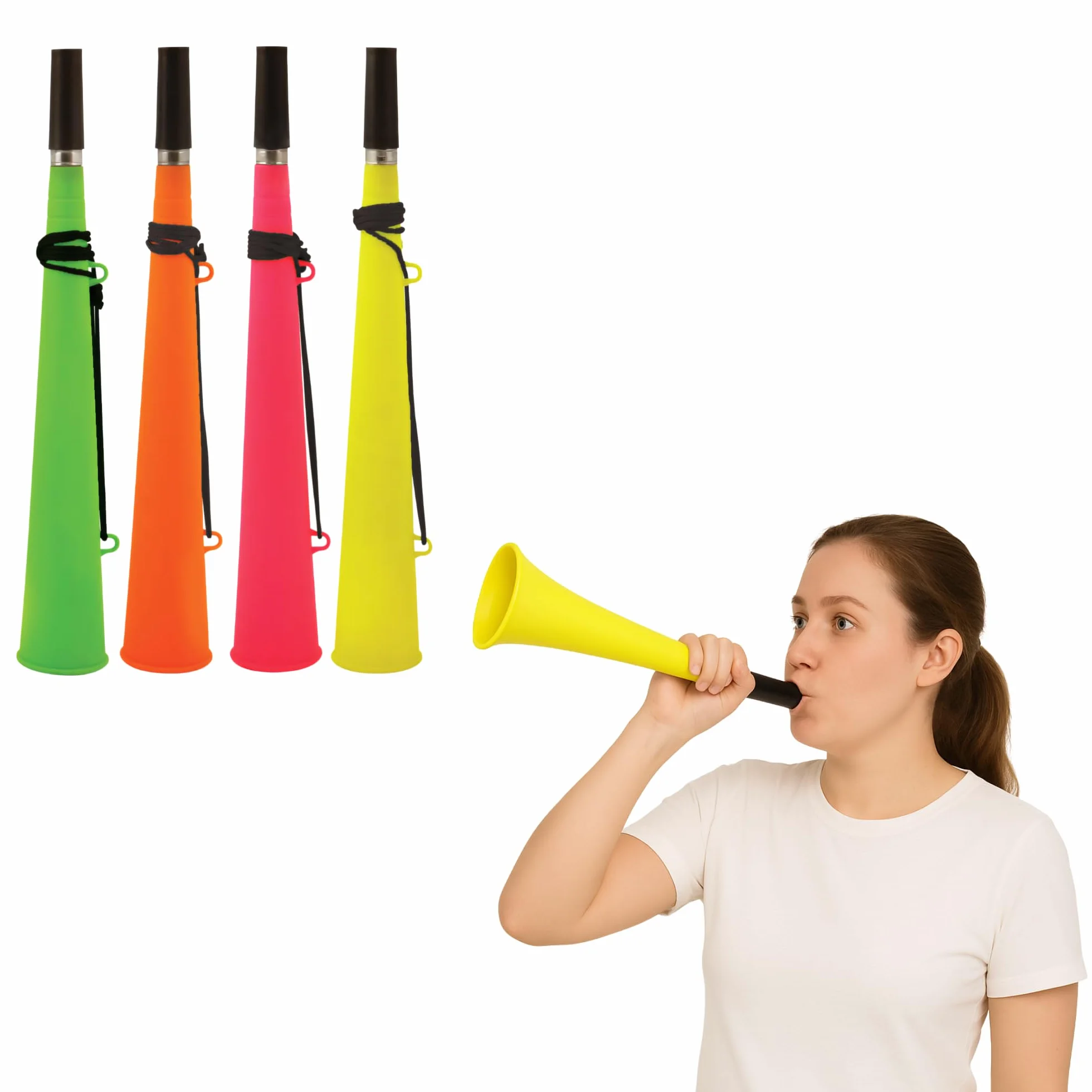 Woofer al neon per adulti, con cordino, tromba da stadio in plastica, rumorosa, vuvuzela per calcio, sport, allegria, bomboniere, colori assortiti (assortiti, 4 confezioni), solo per Adul