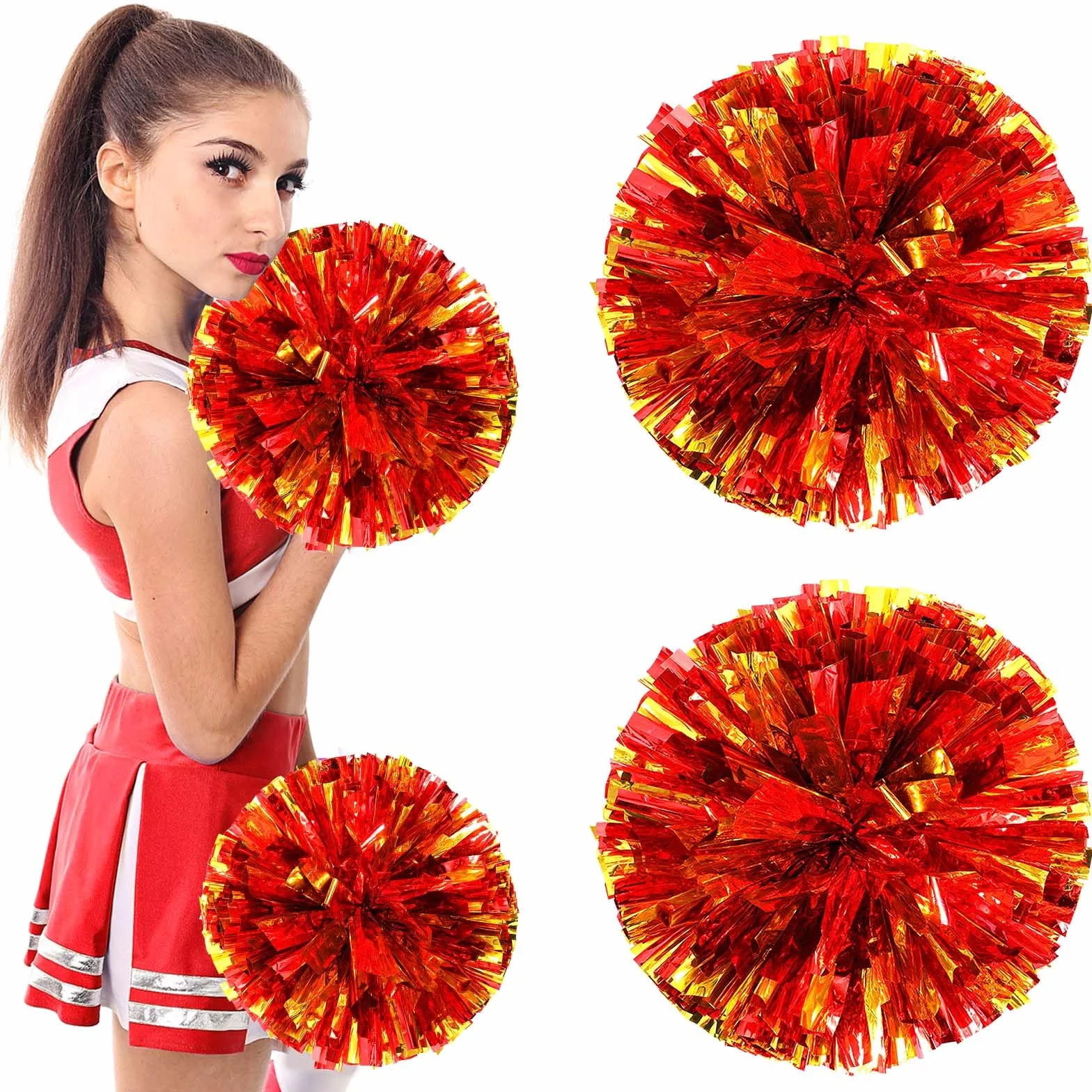 Pompon da Cheerleader con Manici 2 Pezzi Rosso per Ragazze Adulti Sport Festa