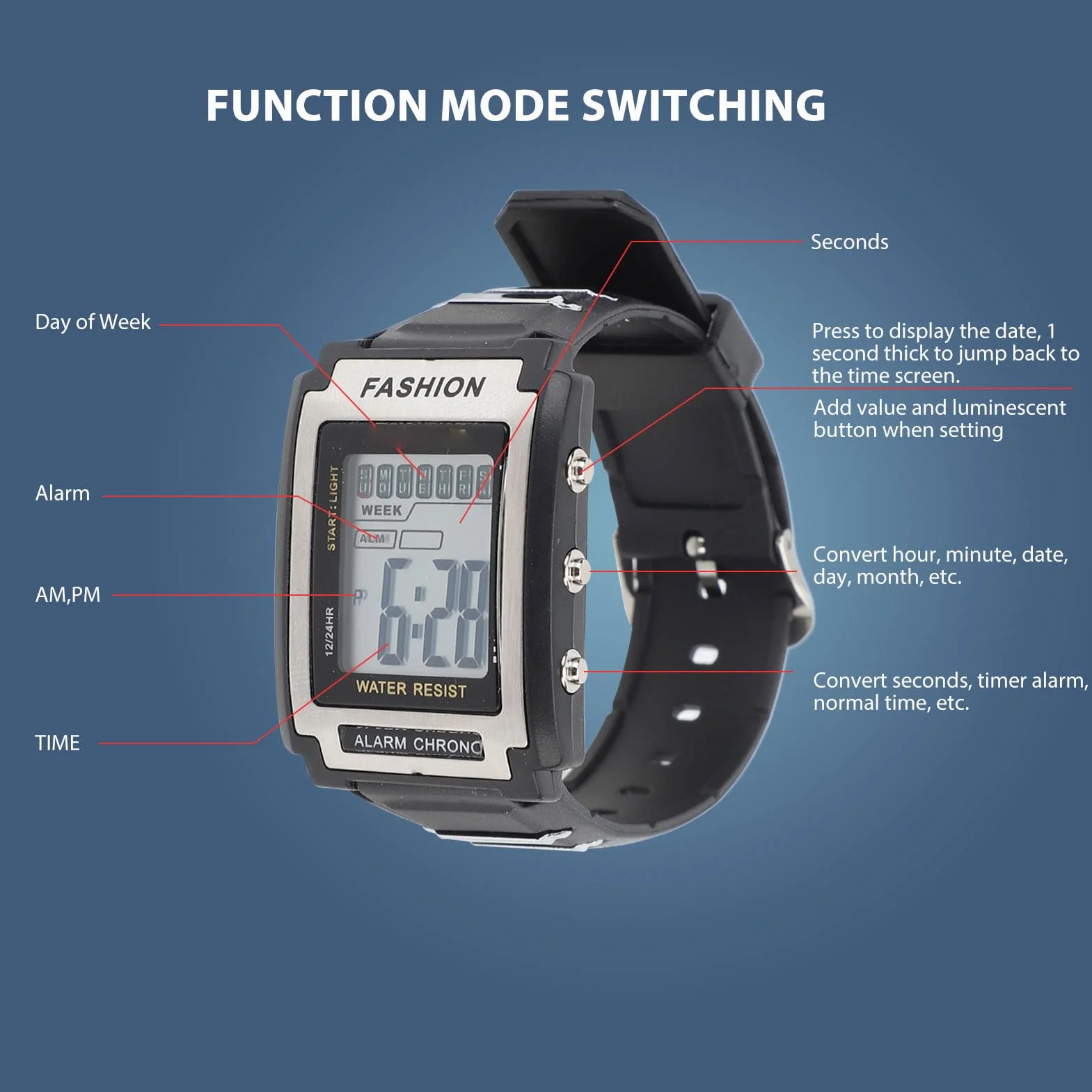 Orologio Sportivo Digitale, Orologio da Nuoto Impermeabile, Orologio Polso Cronografo Rettangolare Esterni Orologio Digitale Multifunzionale a Grande Schermo per Escursioni Corsa