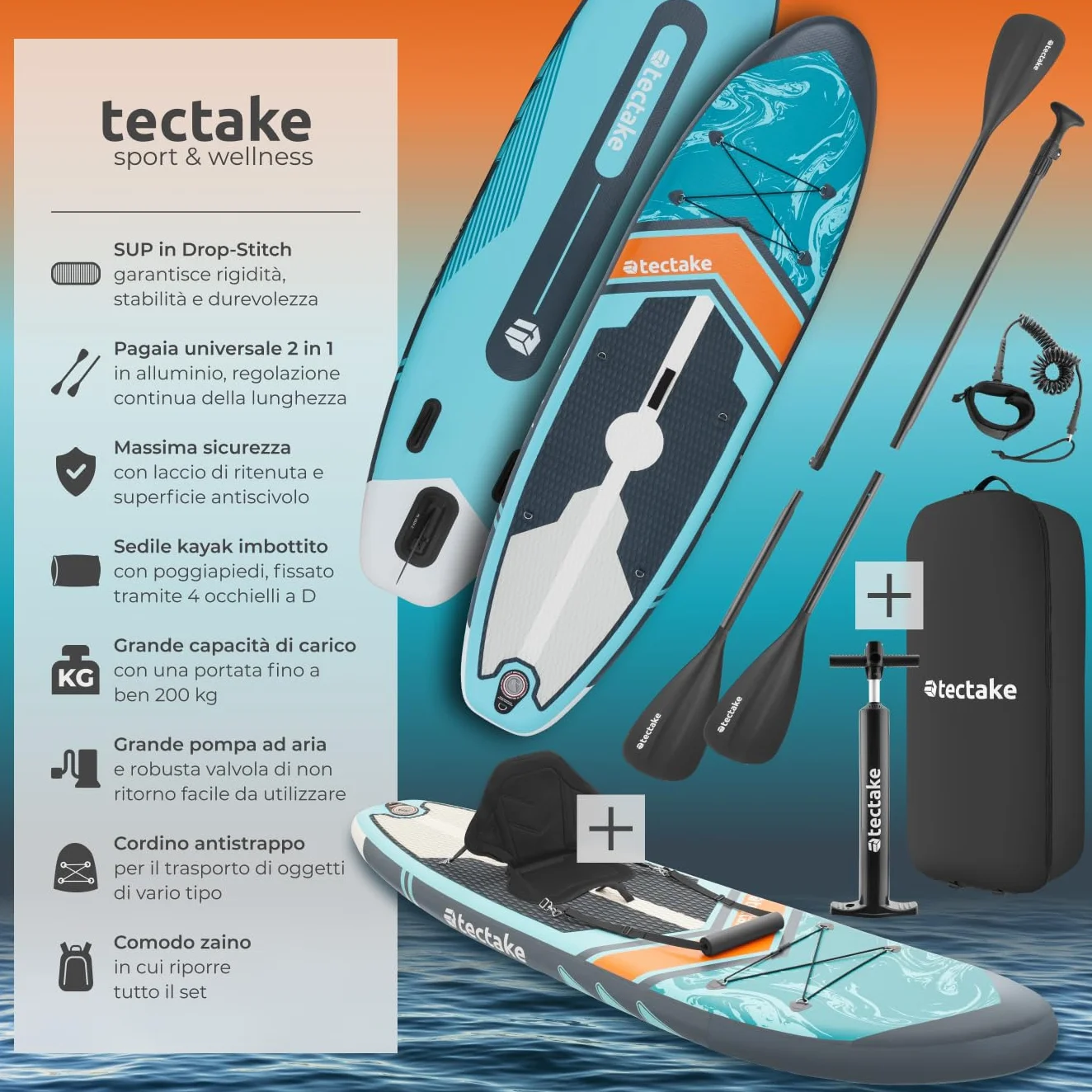 Tectake Sup Gonfiabile Tavola Stand Up Paddle Board 2 in 1 Kayak Sedile SUP Pompa Pinne Zaino Pagaia Drop Stich Schiuma EVA Carico Max 200 kg