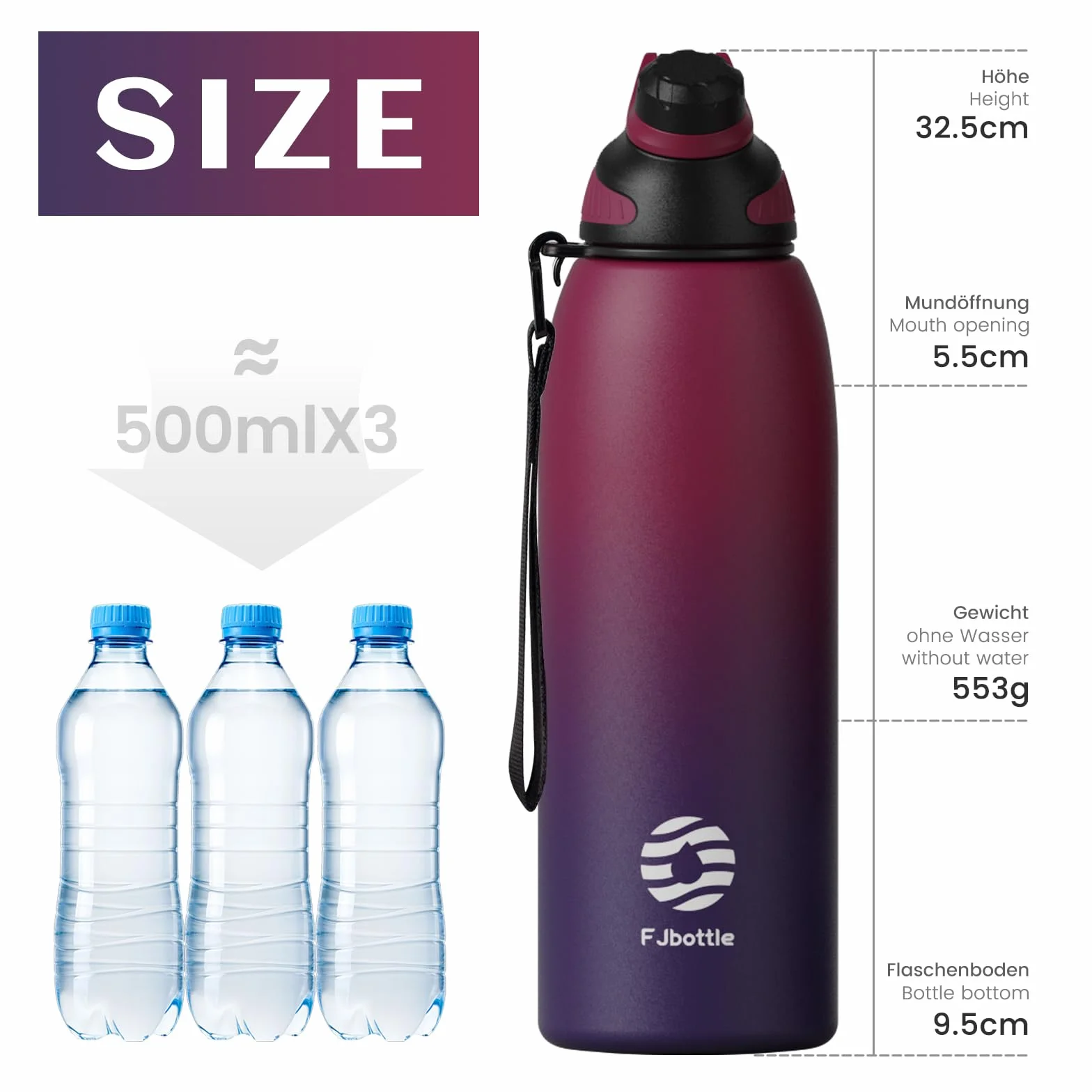 Fjbottle Borraccia Termica 1500ML, Bottiglia Termica per Bambini - Senza BPA, Acciaio Inox per Scuola Sport Palestra