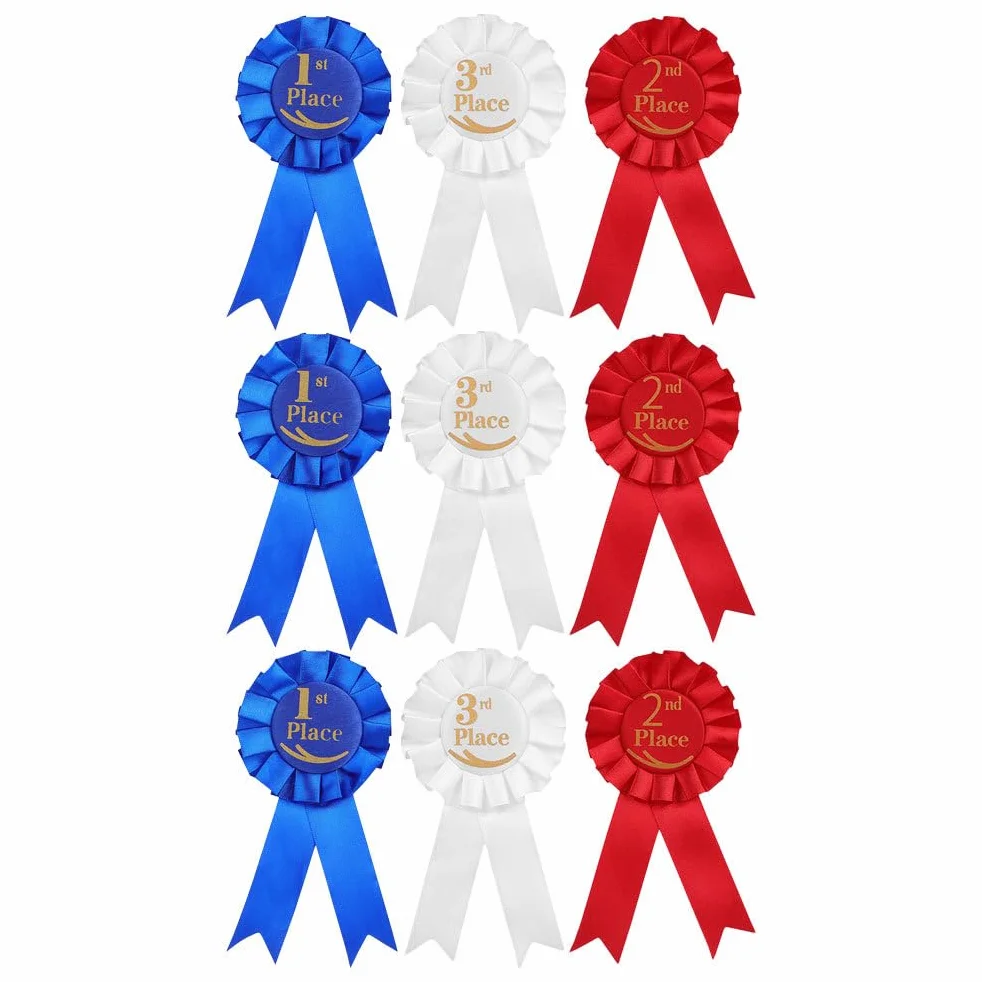 Set di 9 Nastri Premio in Raso con Spilla per 1° 2° 3° Posto Distintivi Sportivi