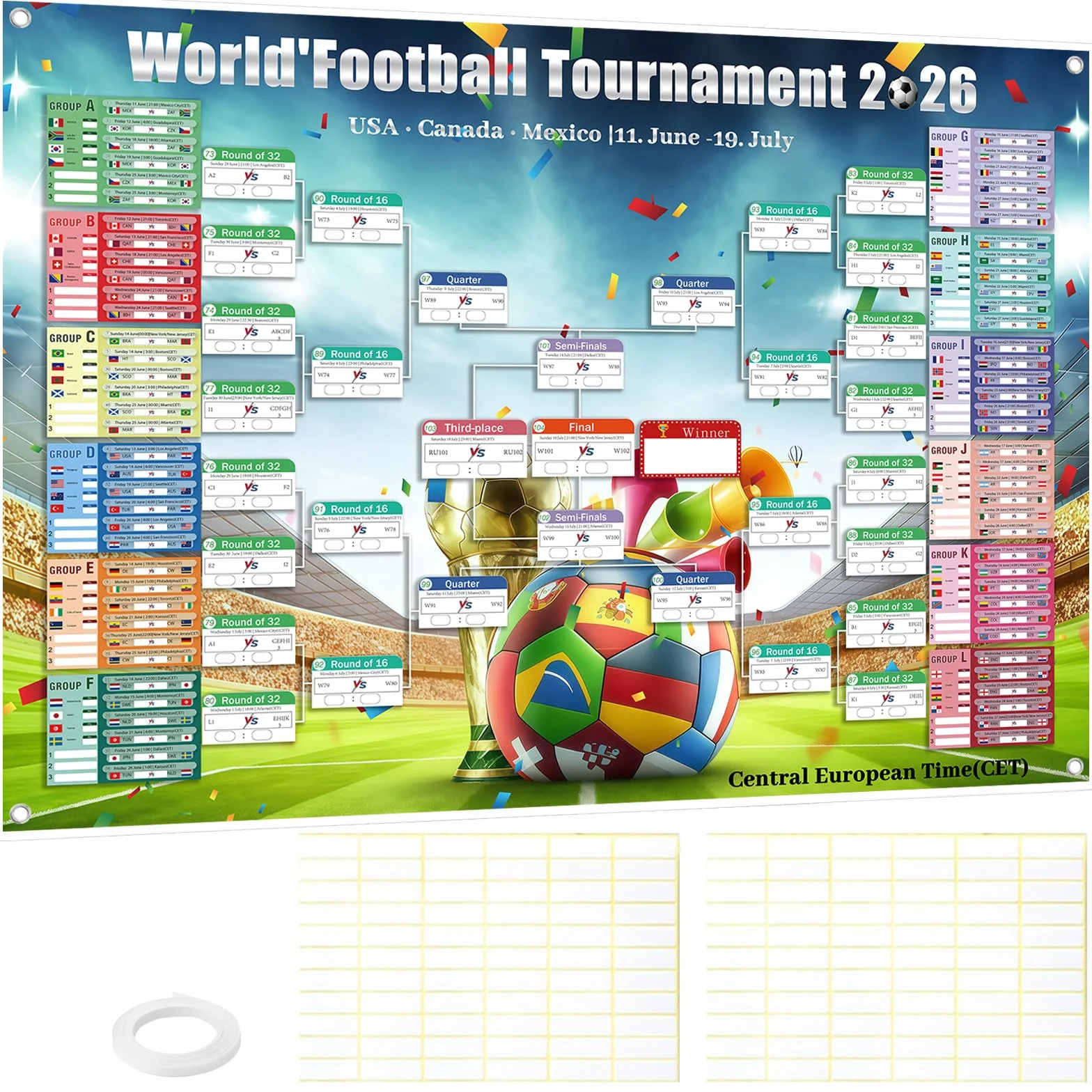 Poster Calendario Partite Coppa del Mondo 2026 150x100cm con Adesivi Correttivi e Cordino, Calendario Gioco 48 Squadre, Decorazione Salotto Bar Festa