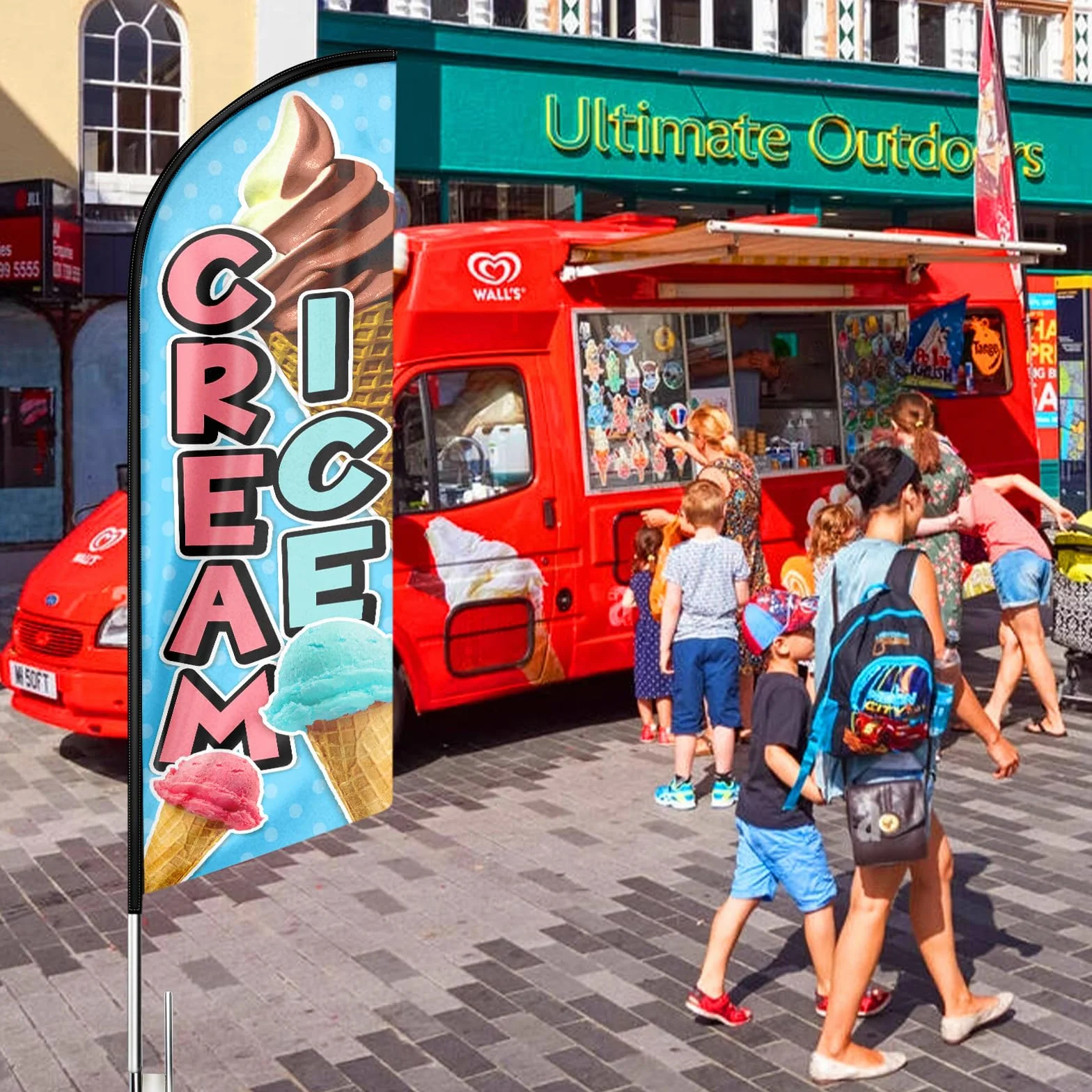 FSFLAG Bandiera pubblicitaria per gelato, 2,4 m, bandiera con piume per gelato, bandiera per uso commerciale, ciano (solo bandiera)