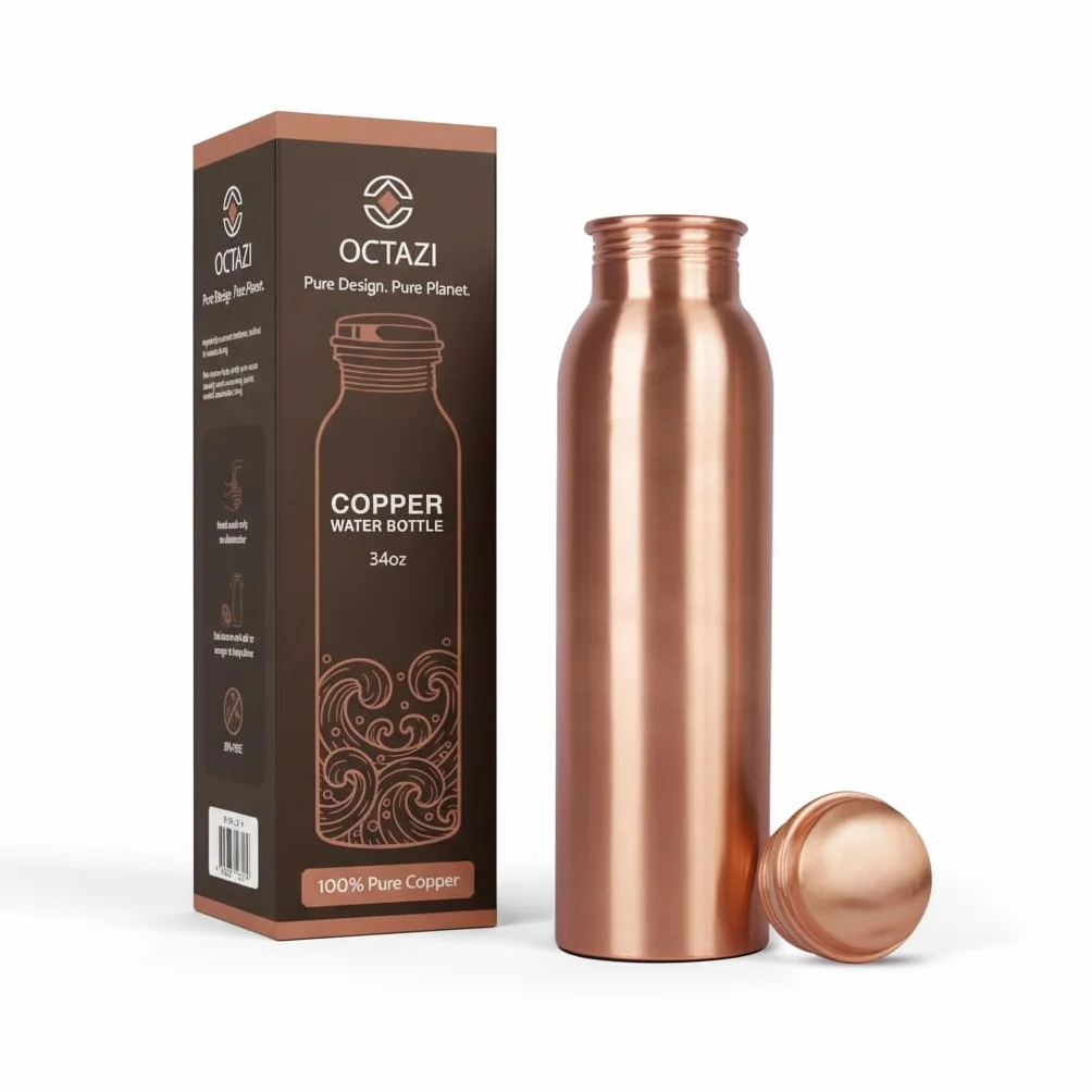 Bottiglia in Rame Puro 1L Vaso Artigianale Fatto a Mano a Prova di Perdite per Bere Benefici Salute Ayurvedica Sport Fitness Yoga