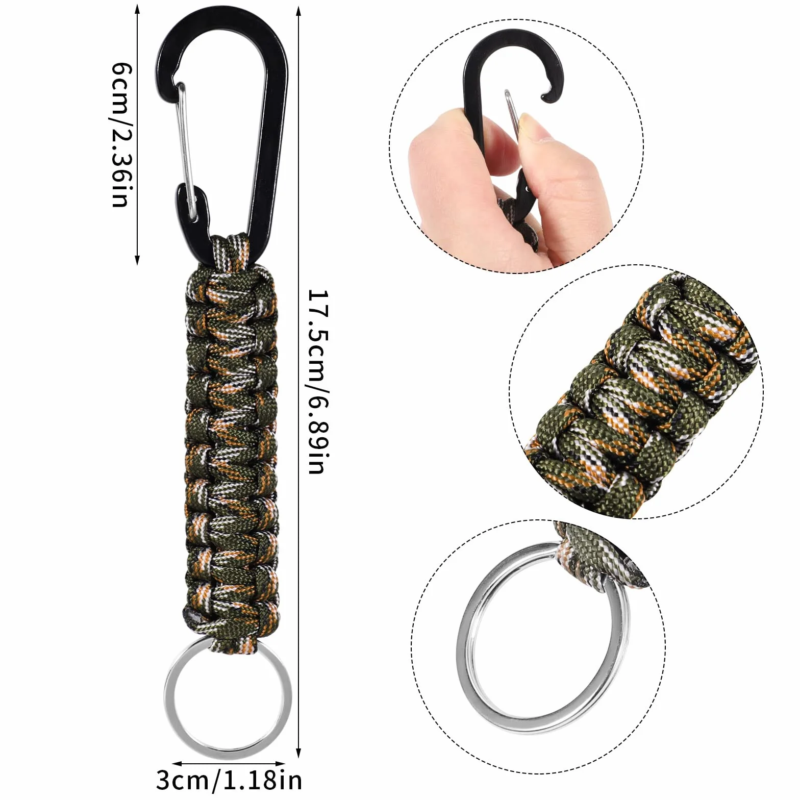 XREE 3 Pezzi Portachiavi Paracord, Cintura Portachiavi Gancio Portachiavi con Corda con Moschettone per Sopravvivenza Campeggio Escursionismo (Nero&Arancione&Camouflage)