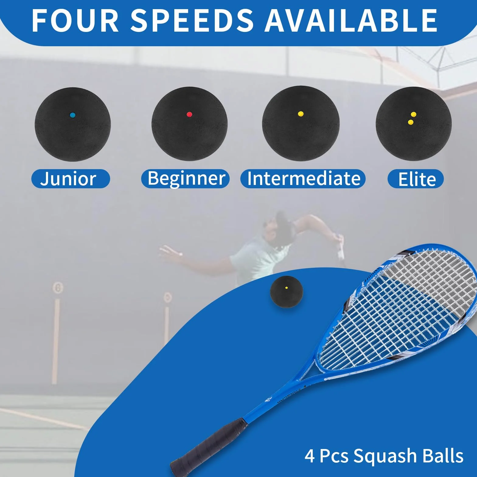 WanderGo Palline da squash 4 pezzi Doppio punto giallo Punto giallo singolo Punto rosso Punto blu per Elite Intermedio Pri