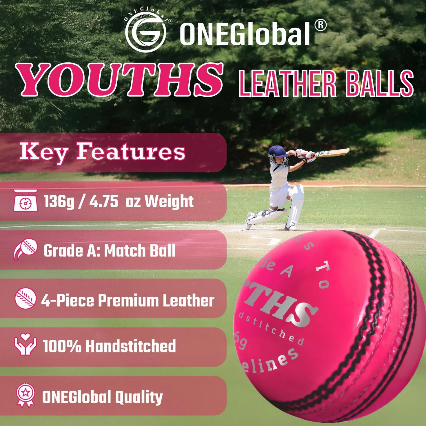 Palla da cricket junior in vera pelle cucita a mano 136 g 4 3/4 oz Junior Hard
