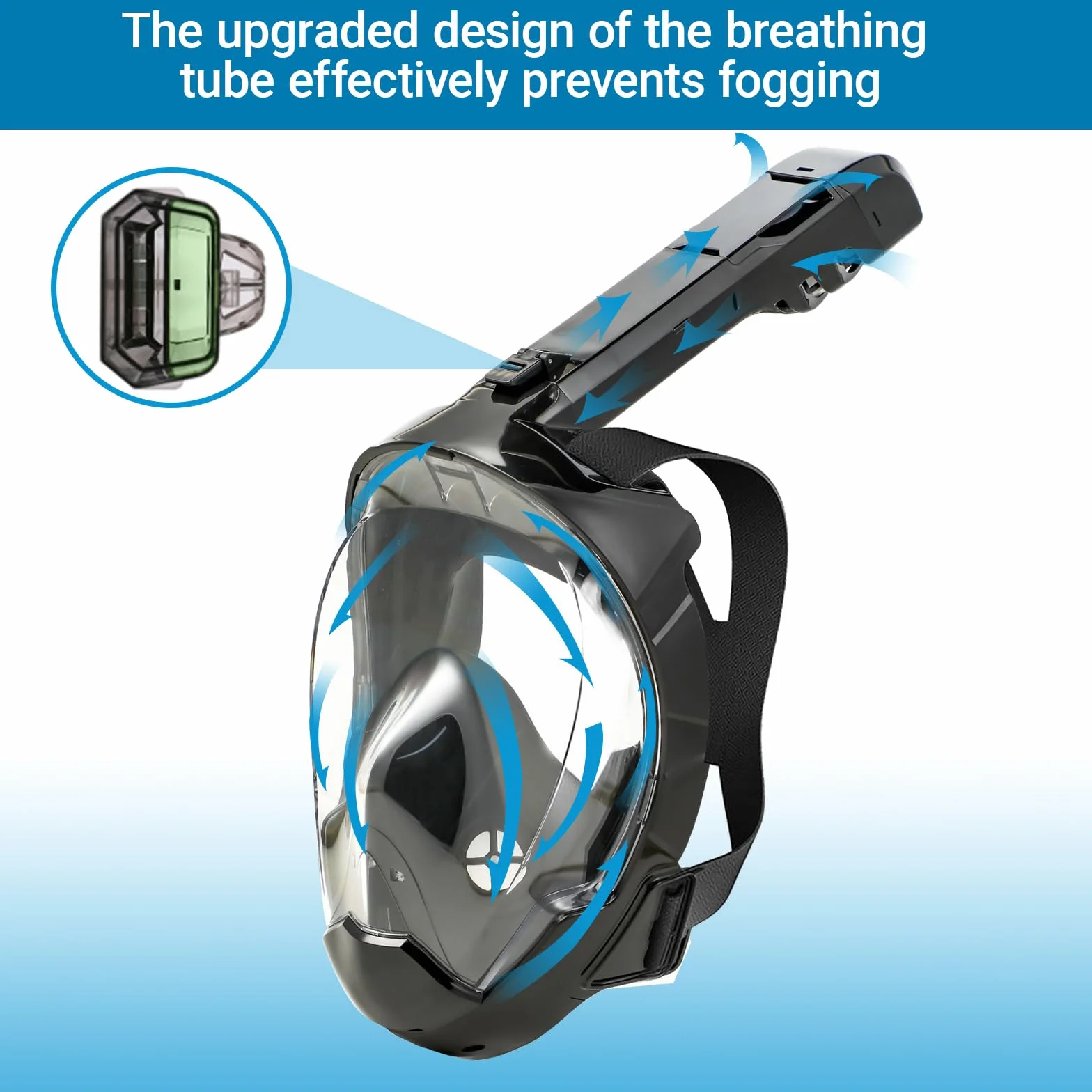 Maschera snorkeling adulto 180° antiappannamento doppio flusso d'aria supporto fotocamera subacquea