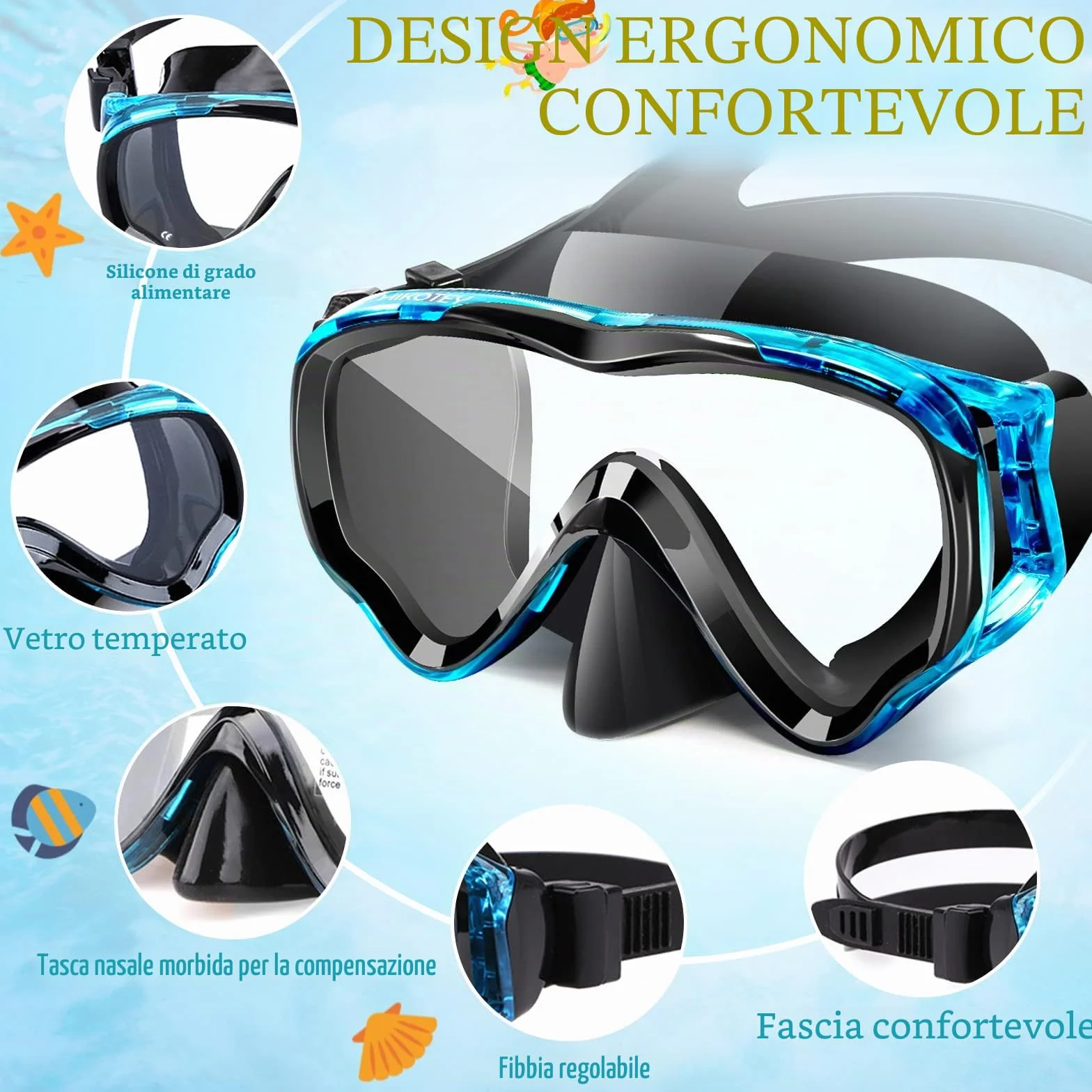 Maschera Immersione per Bambini,Maschera per Immersioni Anti-Nebbia & Anti-Perdite Panoramica 180°,Dotato di Tappi per le Orecchie e Clip per il Naso,Adatto a Bambini dai 4 ai 16 Anni