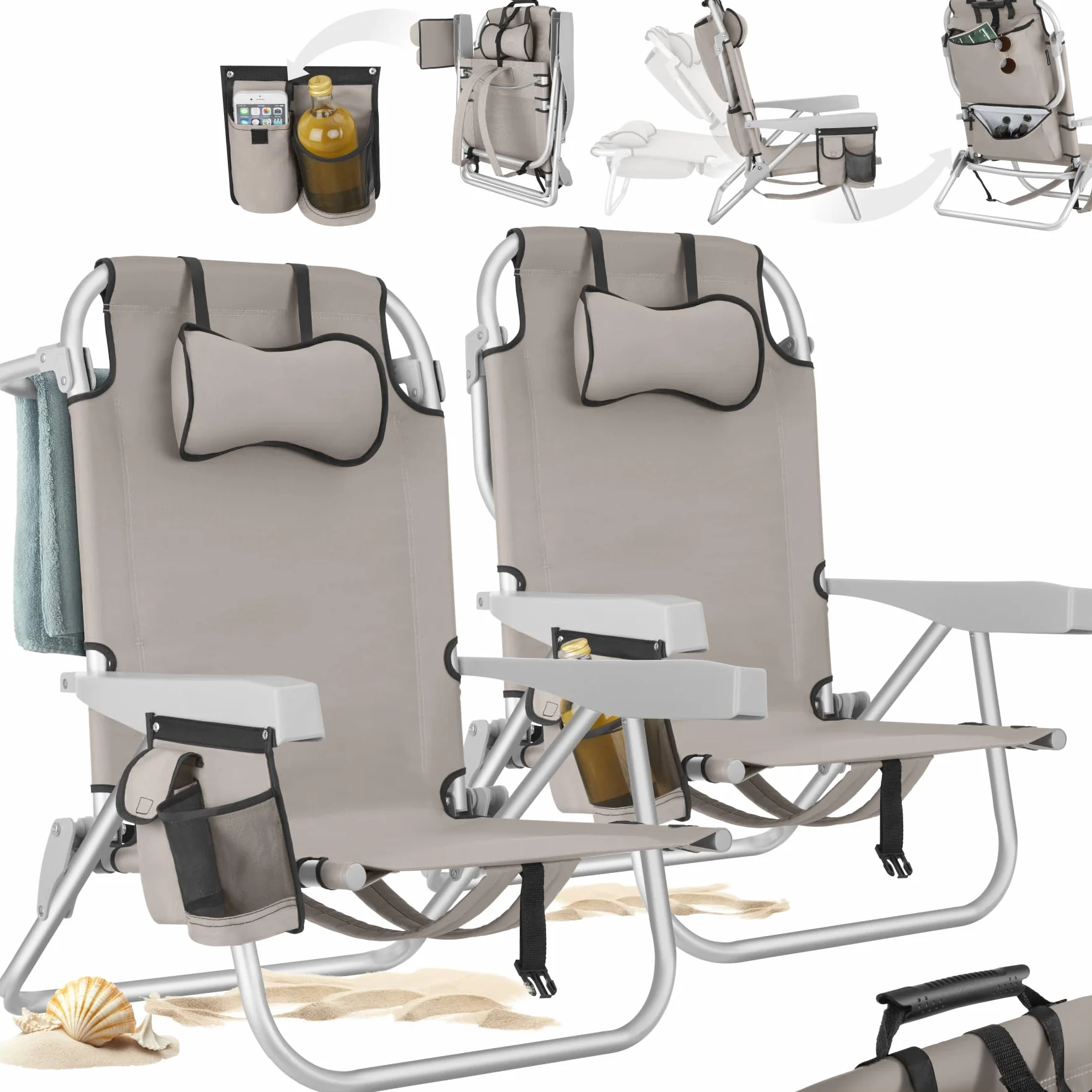 tectake® 2 Sedia da Spiaggia Pieghevole Funzione Zaino, Telaio Alluminio, Schienale Regolabile, Beige