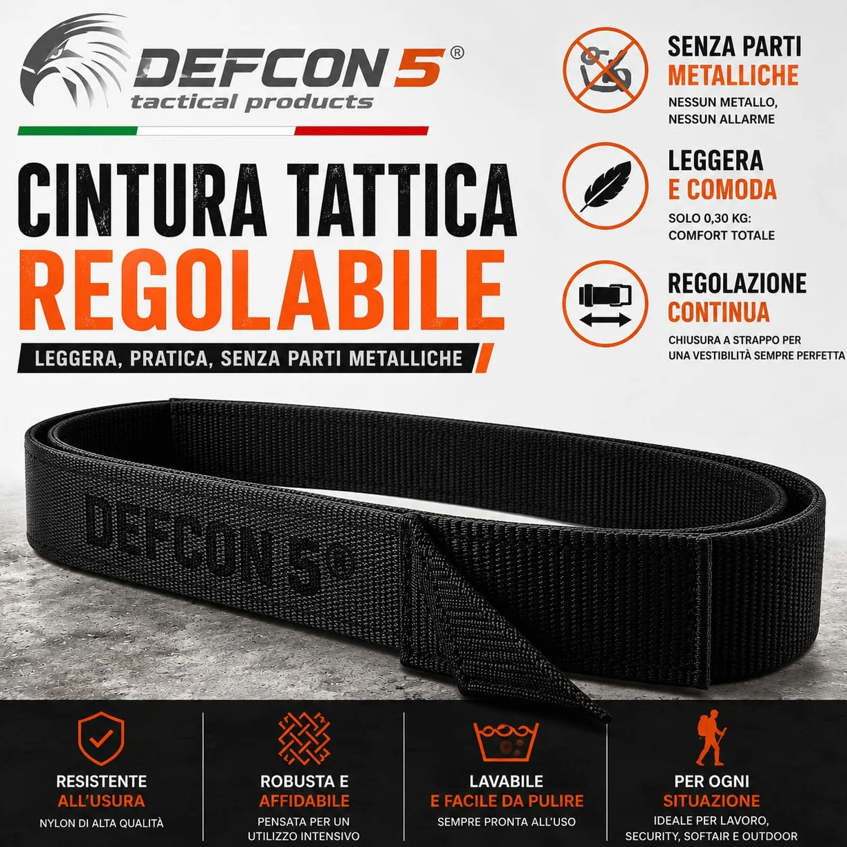 Cintura in nylon regolabile con chiusura a strappo Defcon 5 D5-BE/VE B nera