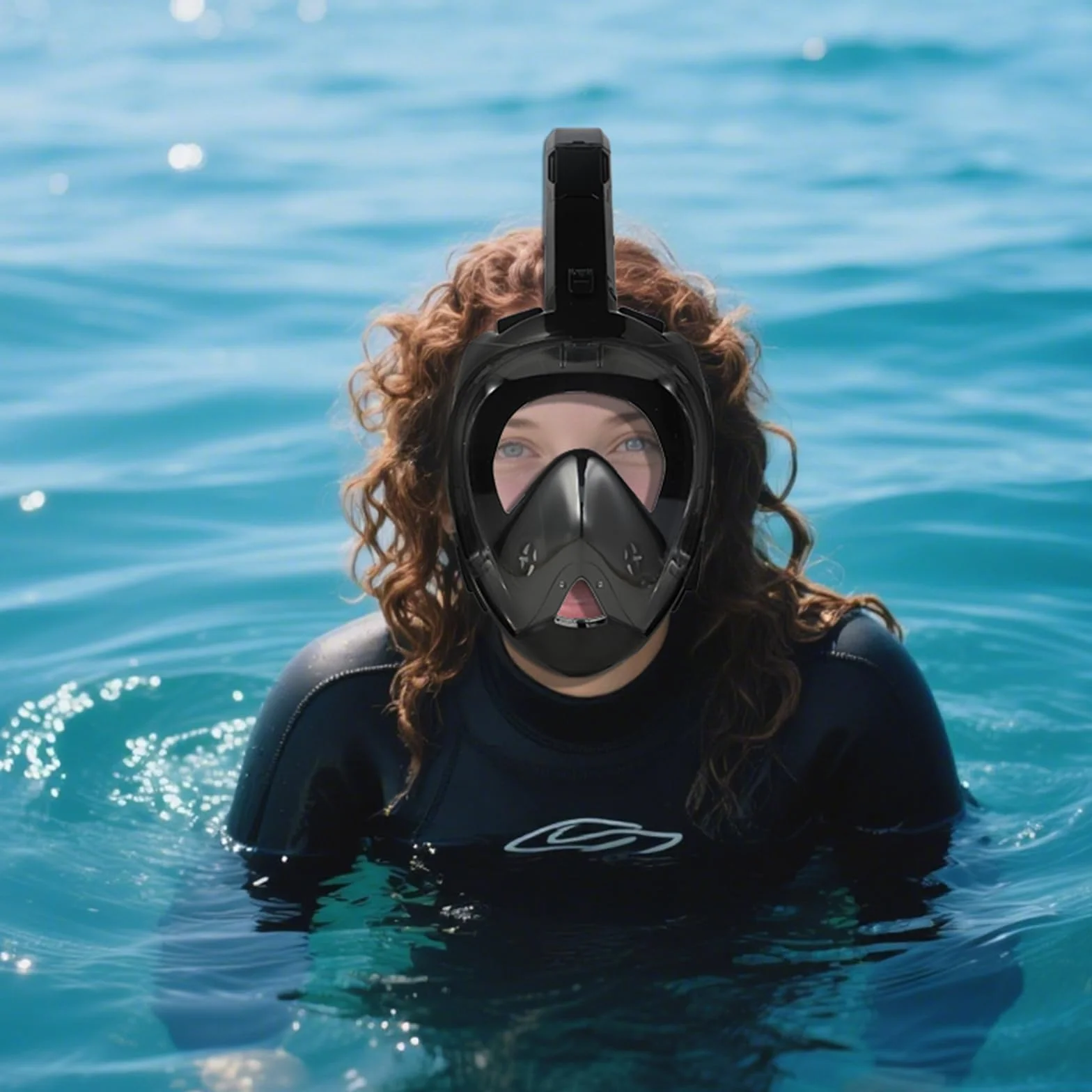 Maschera snorkeling adulto 180° antiappannamento doppio flusso d'aria supporto fotocamera subacquea