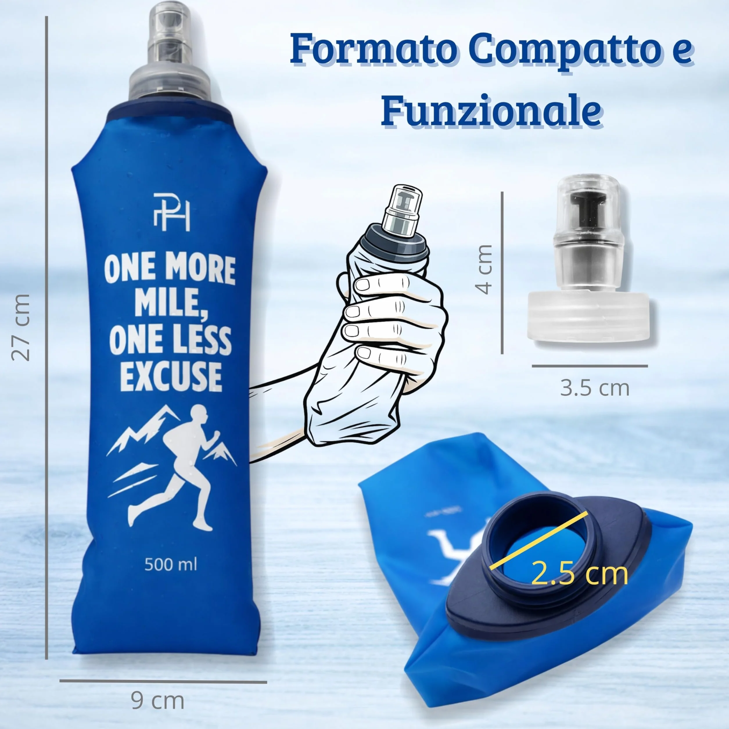 Ph Pro Heat Borraccia Morbida Running 500 ml Blu - Bottiglia Pieghevole per Trail, Ciclismo, Escursionismo