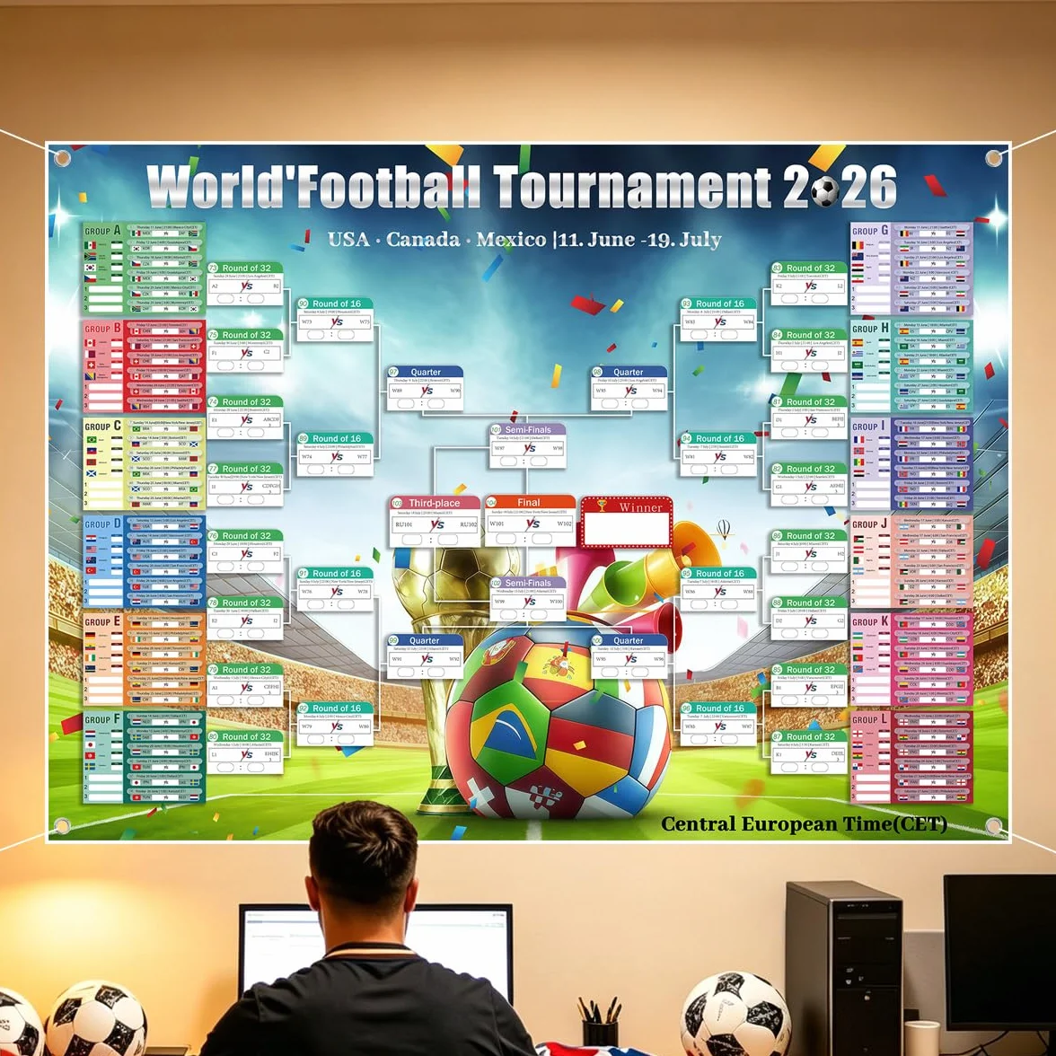 Poster Calendario Partite Coppa del Mondo 2026 150x100cm con Adesivi Correttivi e Cordino, Calendario Gioco 48 Squadre, Decorazione Salotto Bar Festa