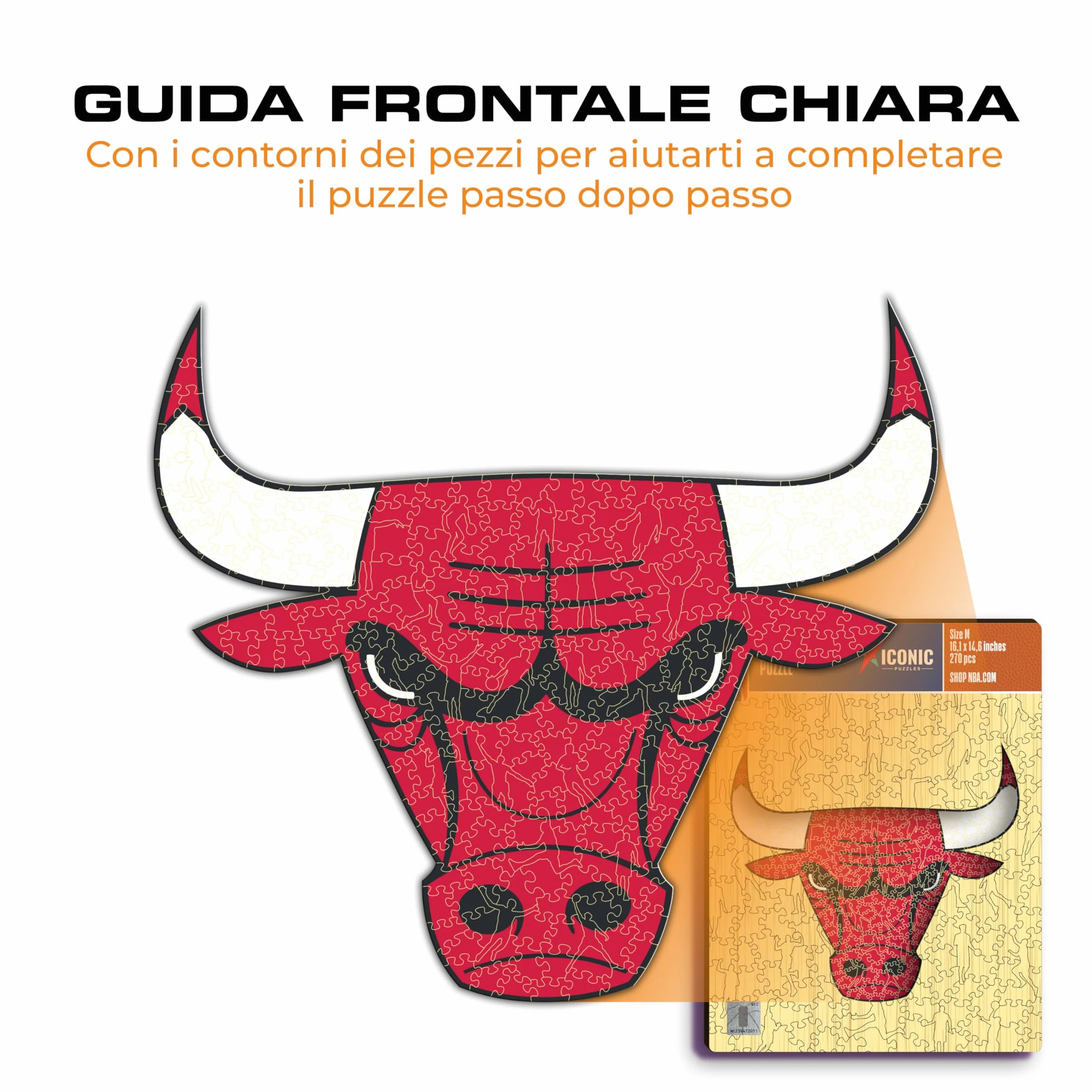 Iconic Puzzles - Chicago Bulls, Logo, Puzzle di Legno con licenza ufficiale NBA, 100% sostenibile, regalo per adulti e bambini, taglia S, 150 Pz