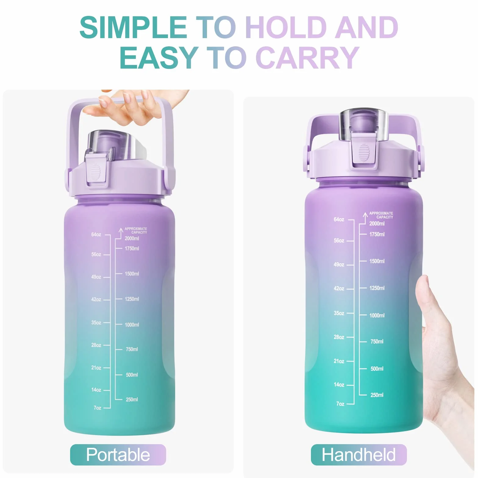 Borraccia Sportiva 2L con Cannuccia, Senza BPA, Graduata, per Palestra Yoga Campeggio (Viola)