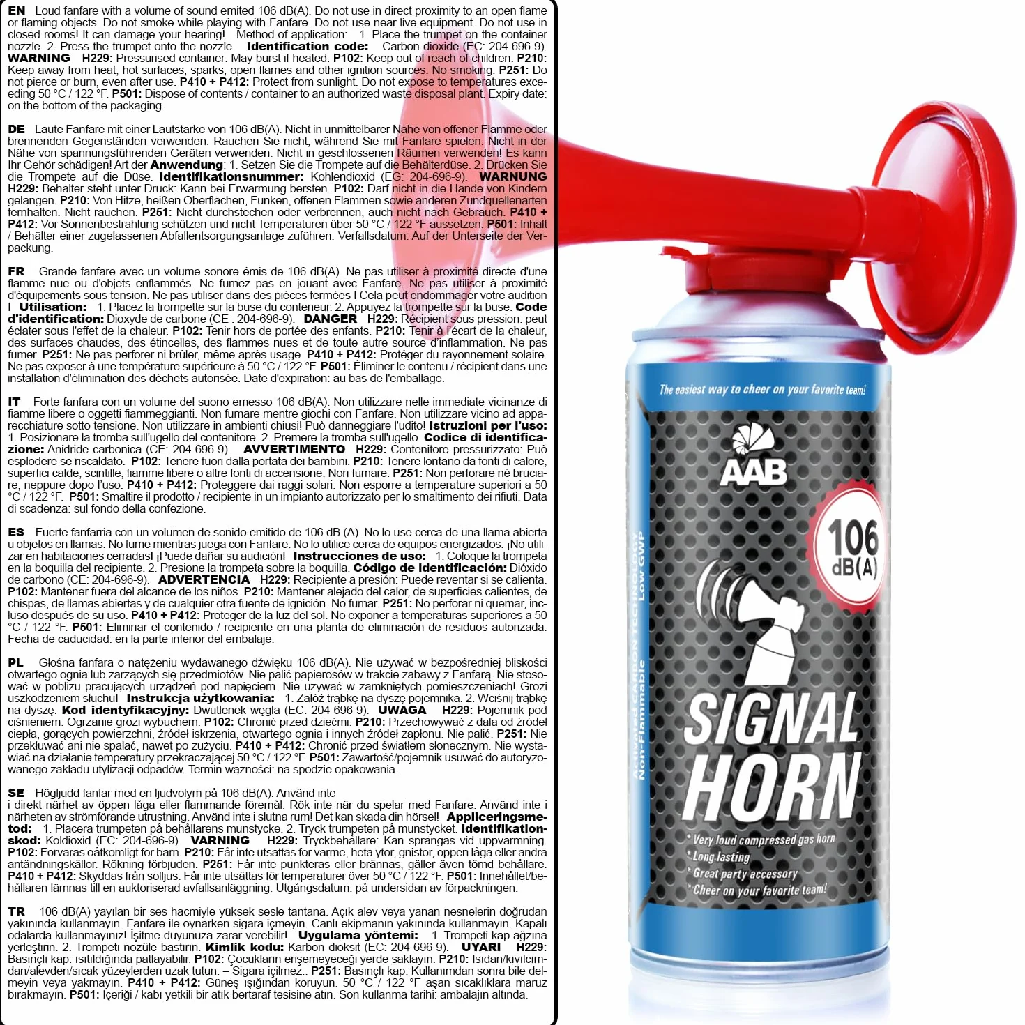 AAB 3X Signal Horn 106 dB(A)-fino a 120 segnali, Trombetta ad Aria Compressa, Trombe da Stadio Molto Rumorosa, Tromba Tifo Ideale per Feste, Trombetta Stadio, fanfara per EM 2024, campionato europeo