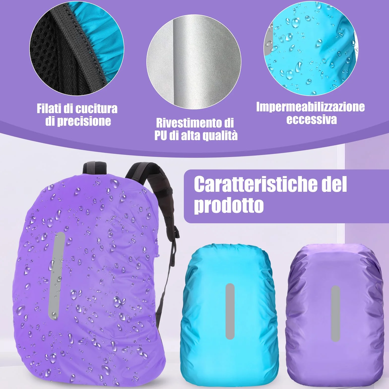 Coprizaino Impermeabile 2 Pezzi con Strisce Riflettenti, Parapioggia per Zaino Trekking Viaggio 40L-50L