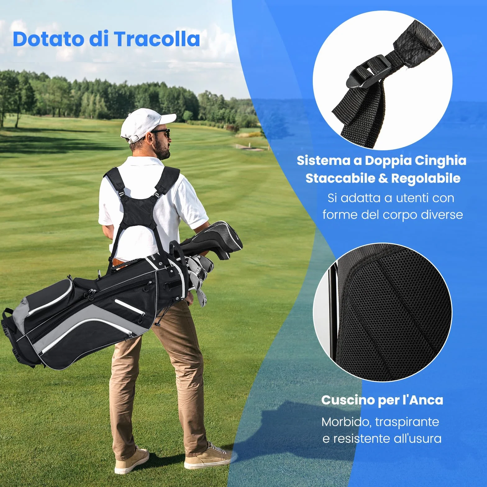 COSTWAY Sacca per Mazze da Golf, Borsa da Golf con Supporto, Divisori a 14 Vie, 6 Tasche, Borsa Frigo, Doppia Tracolla e Cappuccio Antipioggia, Ideale per Uomini e Donne
