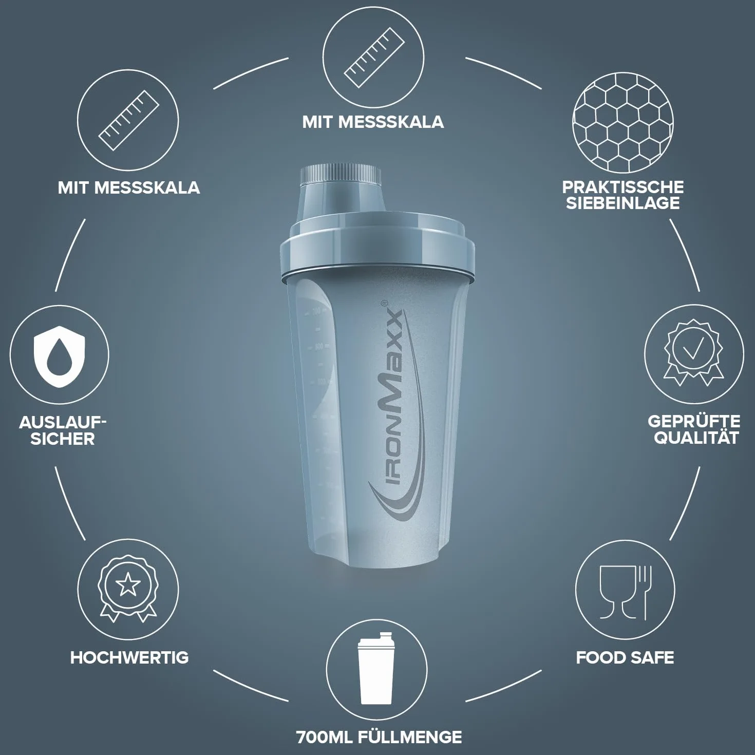 IronMaxx Protein Shaker 700ml Kyanite Blue con tappo a vite, setaccio e scala di misurazione, borraccia palestra a tenuta stagna senza BPA