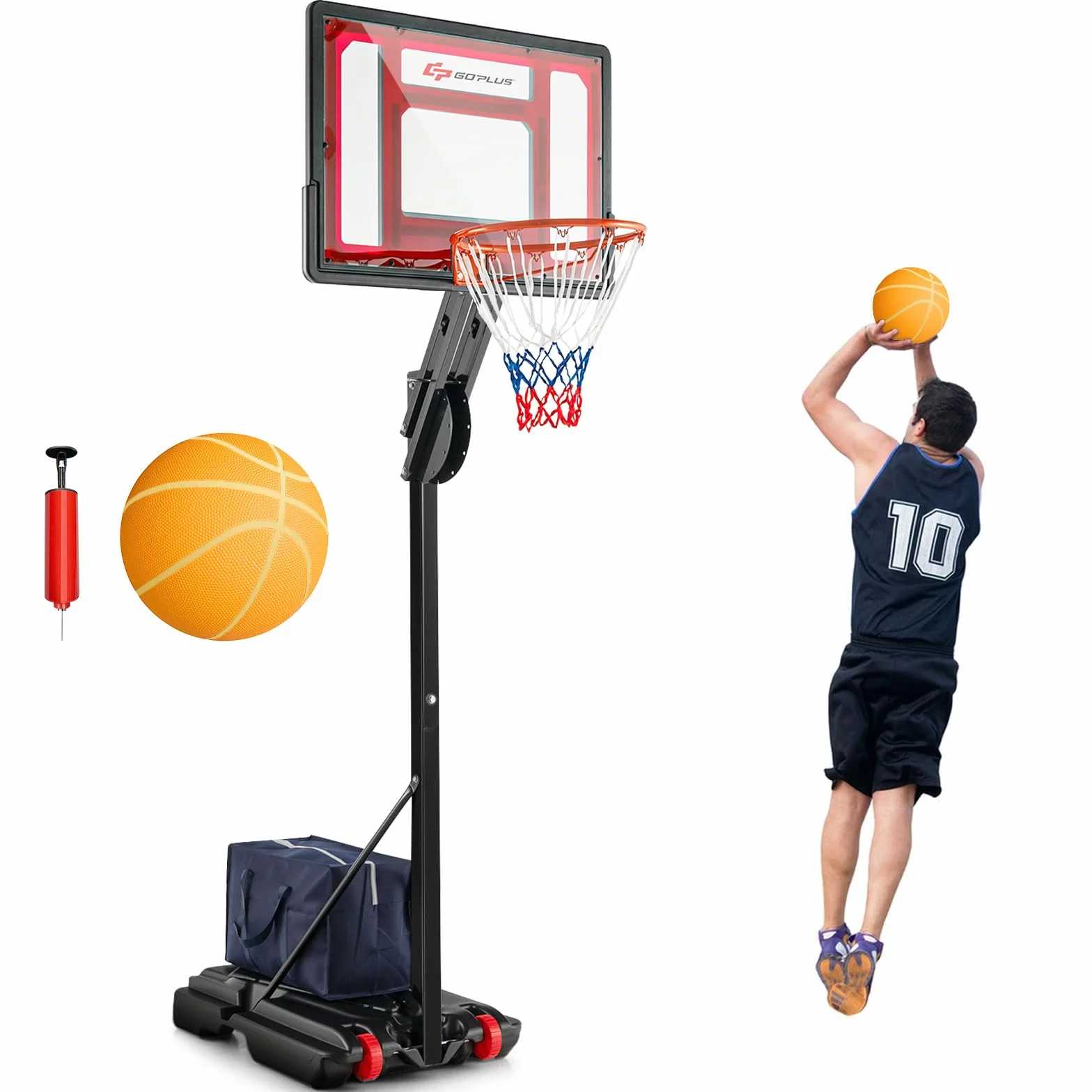 COSWAY Canestro da Basket da Esterno, Canestro da Basket Portatile e Regolabile a 10 Livelli con Tabellone da 82cm, Base Riempibile, 2 Ruote, Borsa, Pallone e Pompa