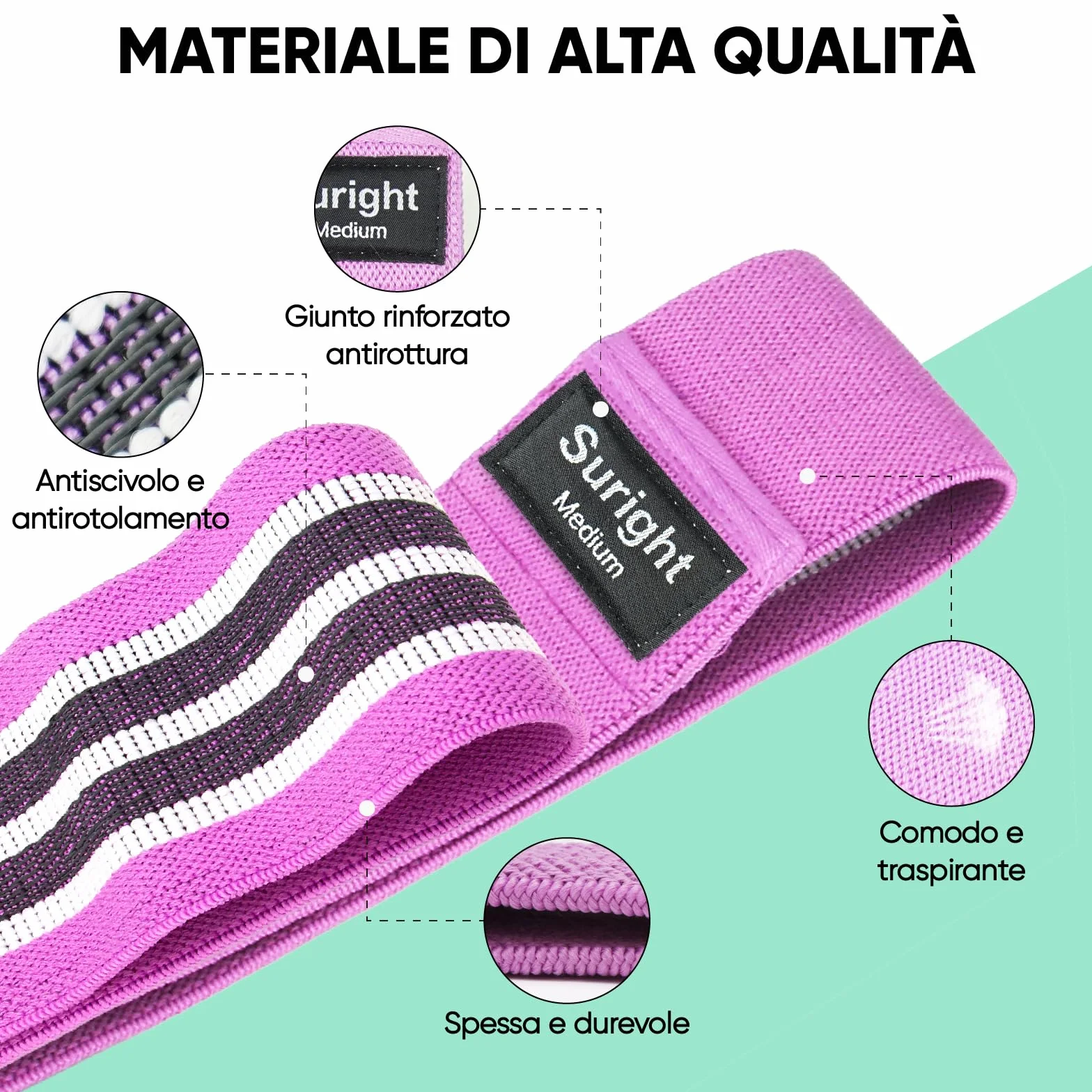 Suright Fasce Elastiche Fitness 3 Livelli Resistenza Antiscivoli per Palestra Pilates Yoga